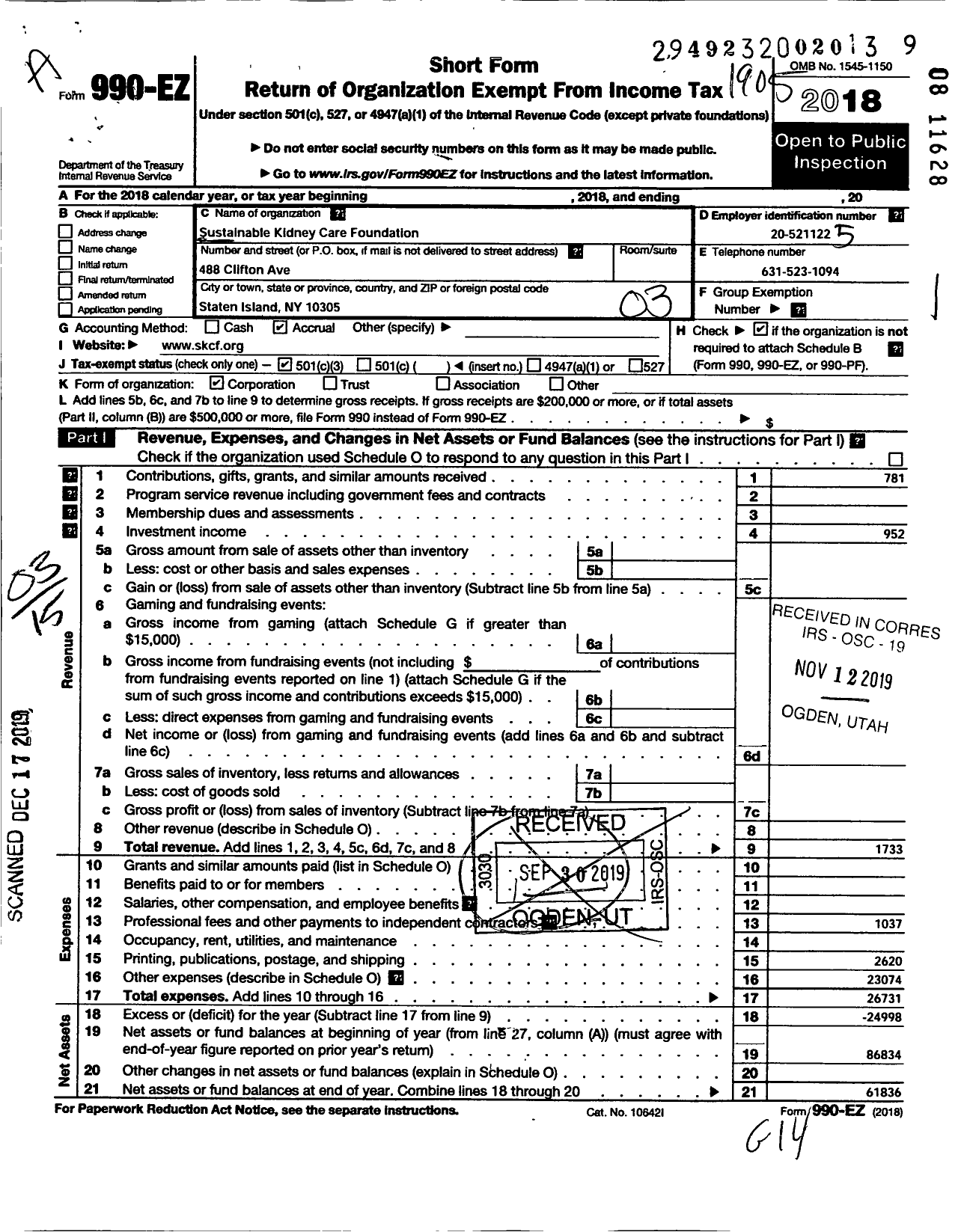 Image of first page of 2018 Form 990EZ for Sustainable Kidney Care Foundation