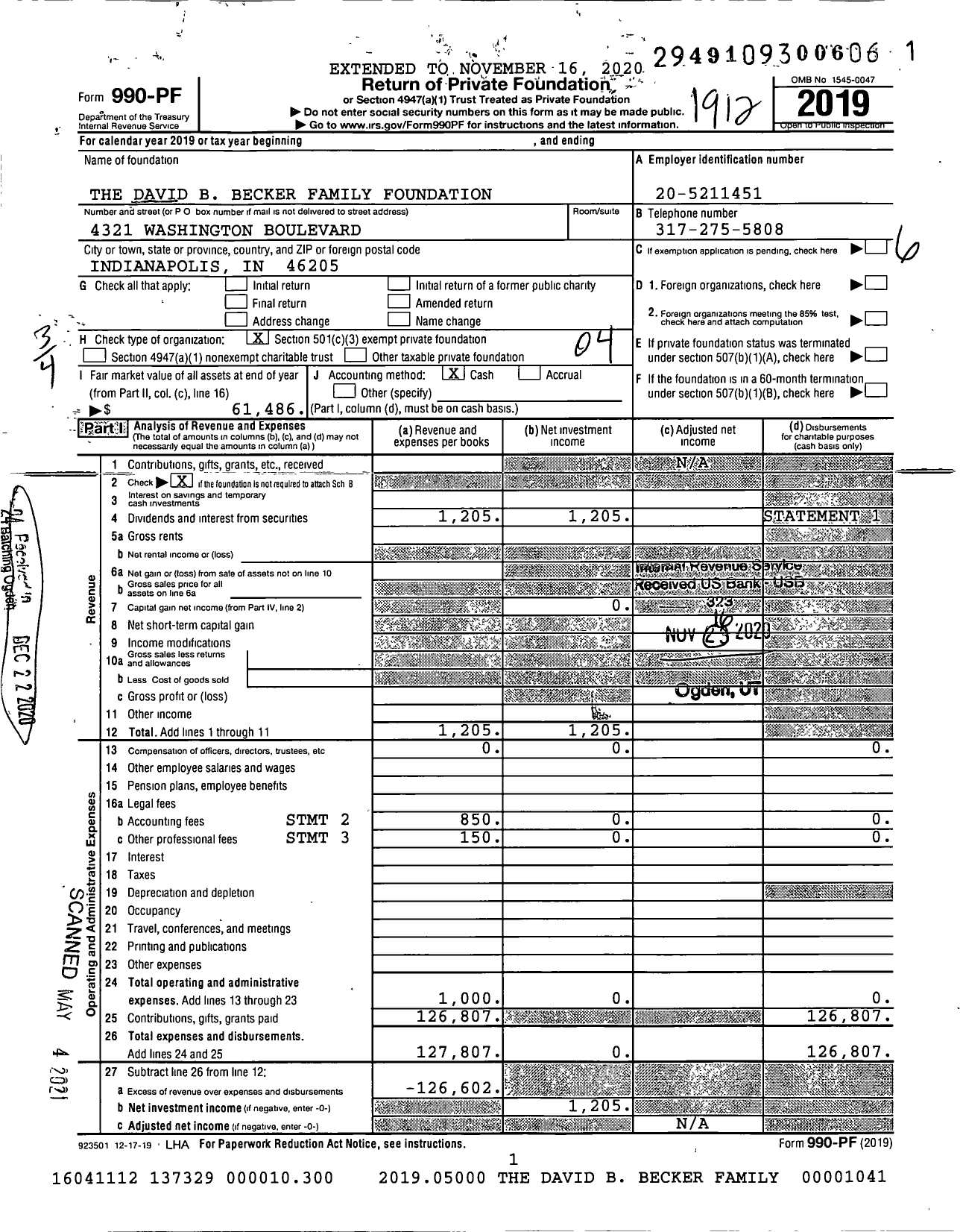 Image of first page of 2019 Form 990PF for The David B Becker Family Foundation