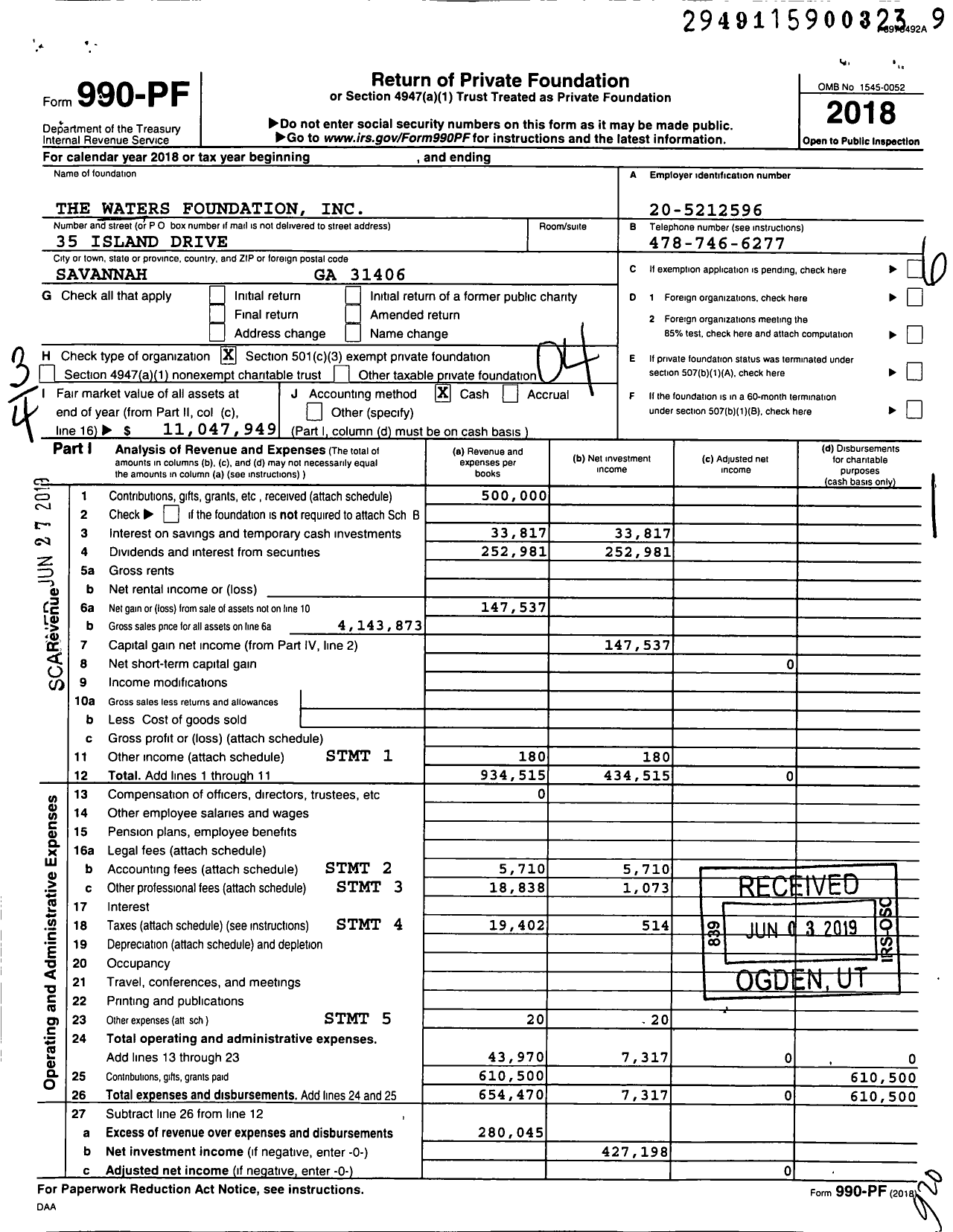 Image of first page of 2018 Form 990PF for The Waters Foundation