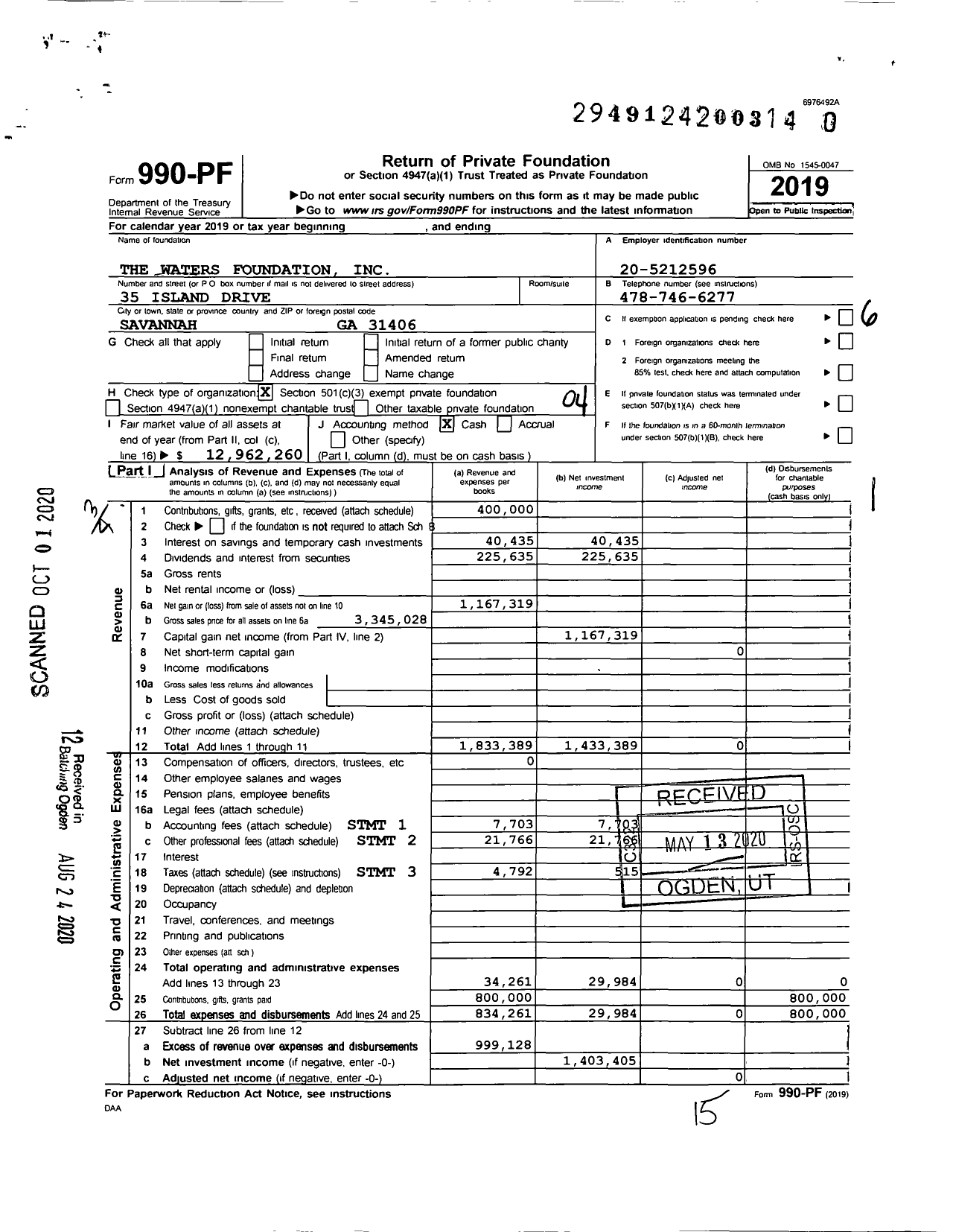 Image of first page of 2019 Form 990PR for The Waters Foundation