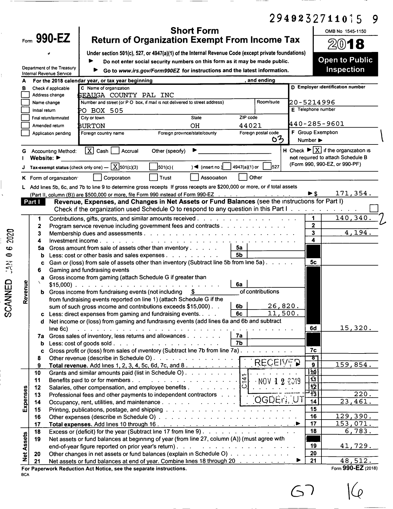 Image of first page of 2018 Form 990EZ for Geauga County Pal