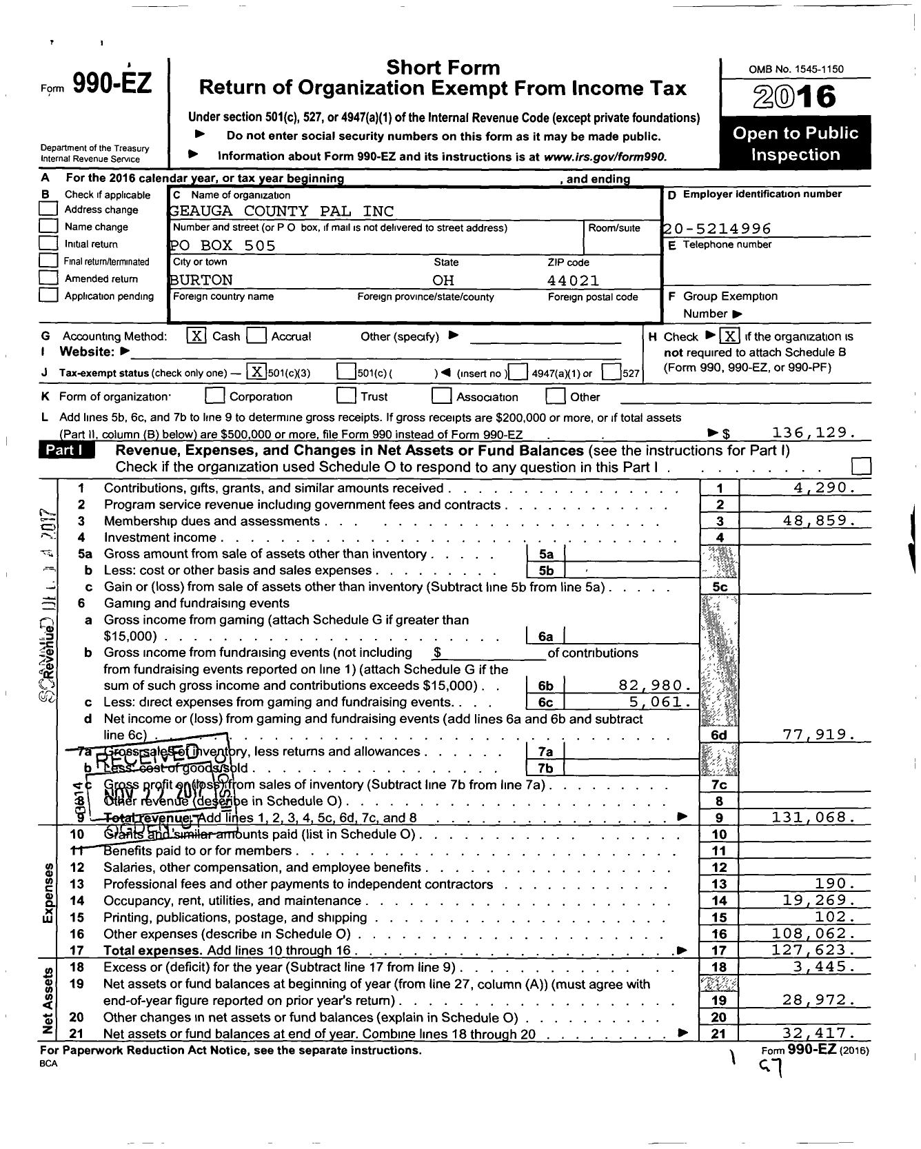 Image of first page of 2016 Form 990EZ for Geauga County Pal