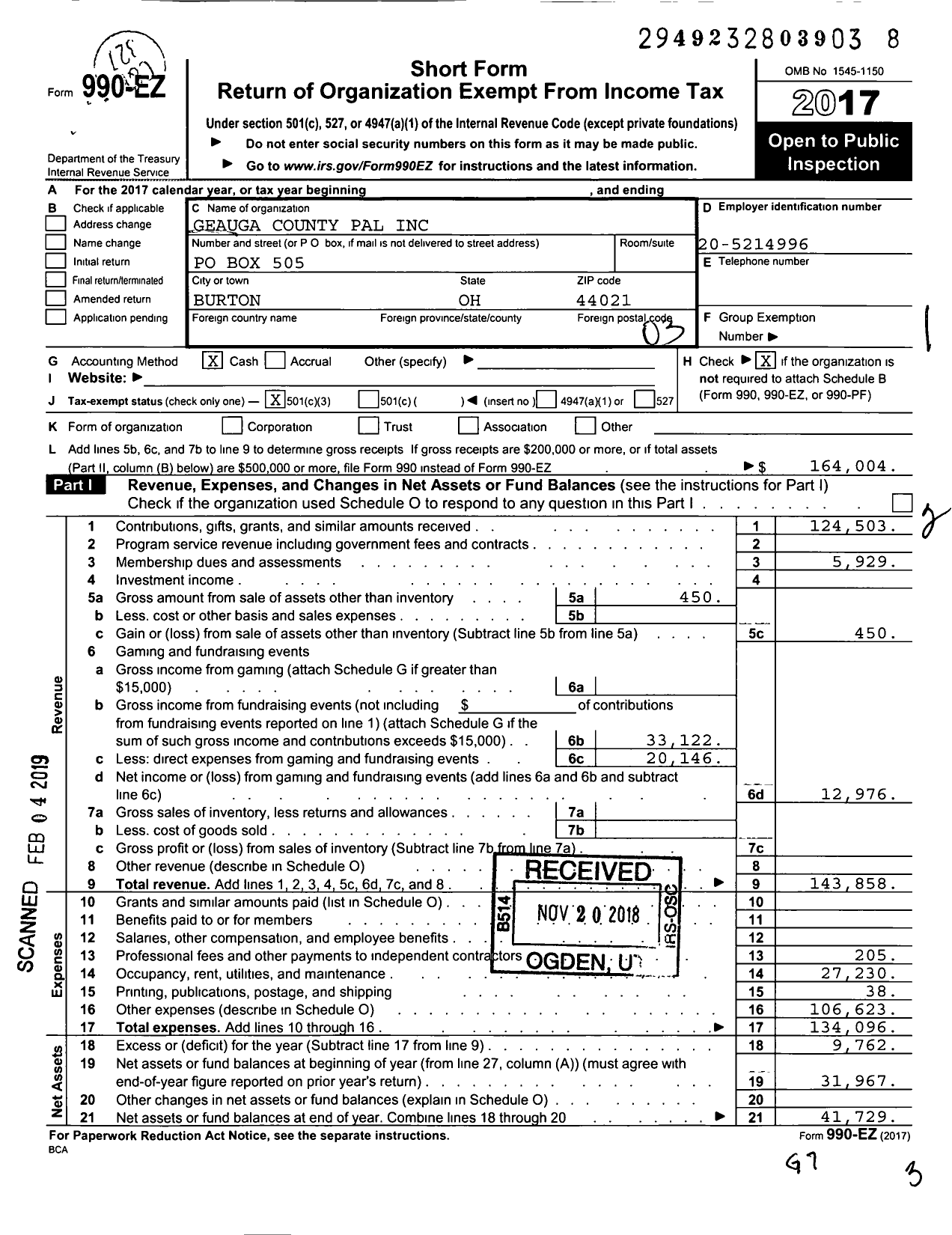 Image of first page of 2017 Form 990EZ for Geauga County Pal