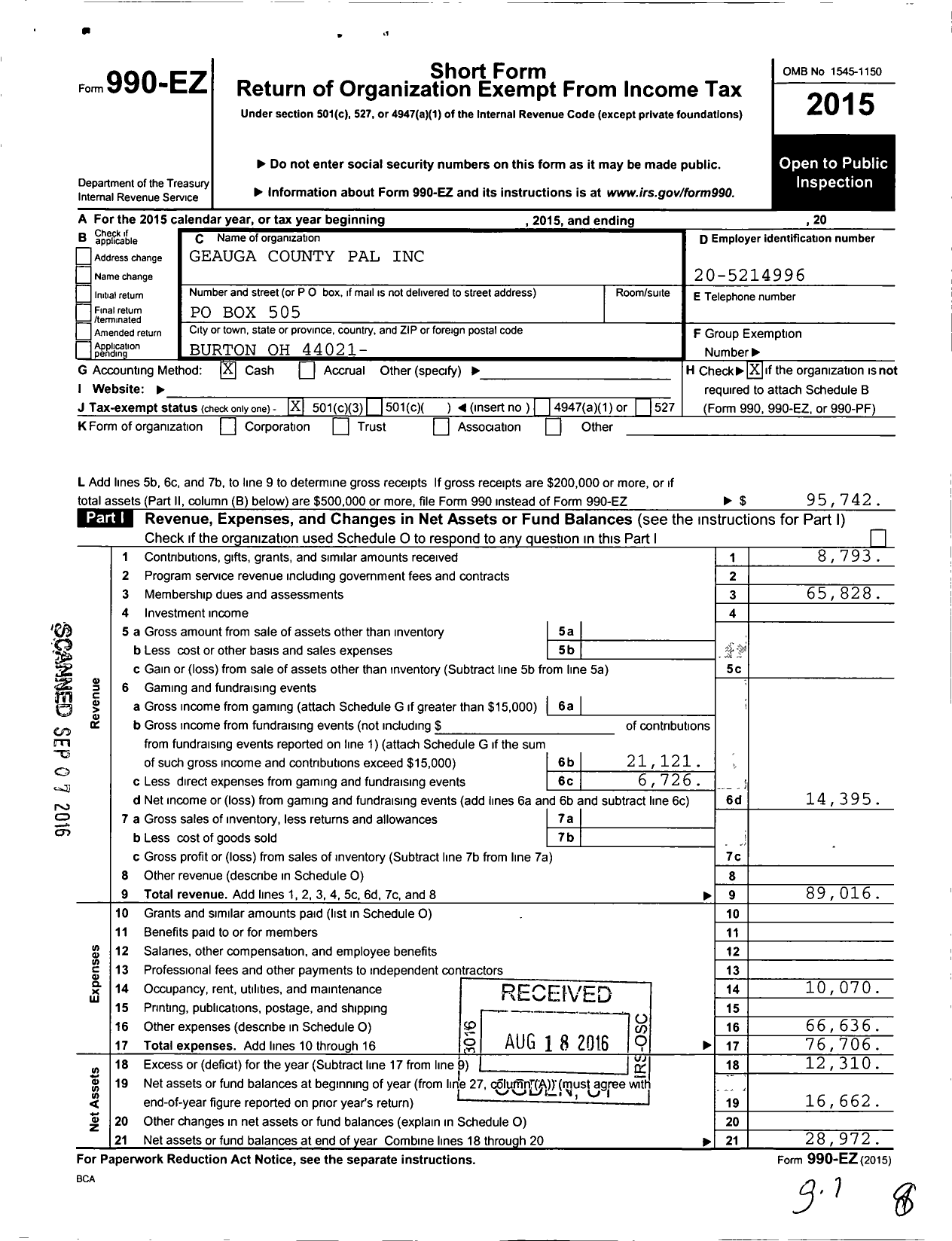 Image of first page of 2015 Form 990EZ for Geauga County Pal