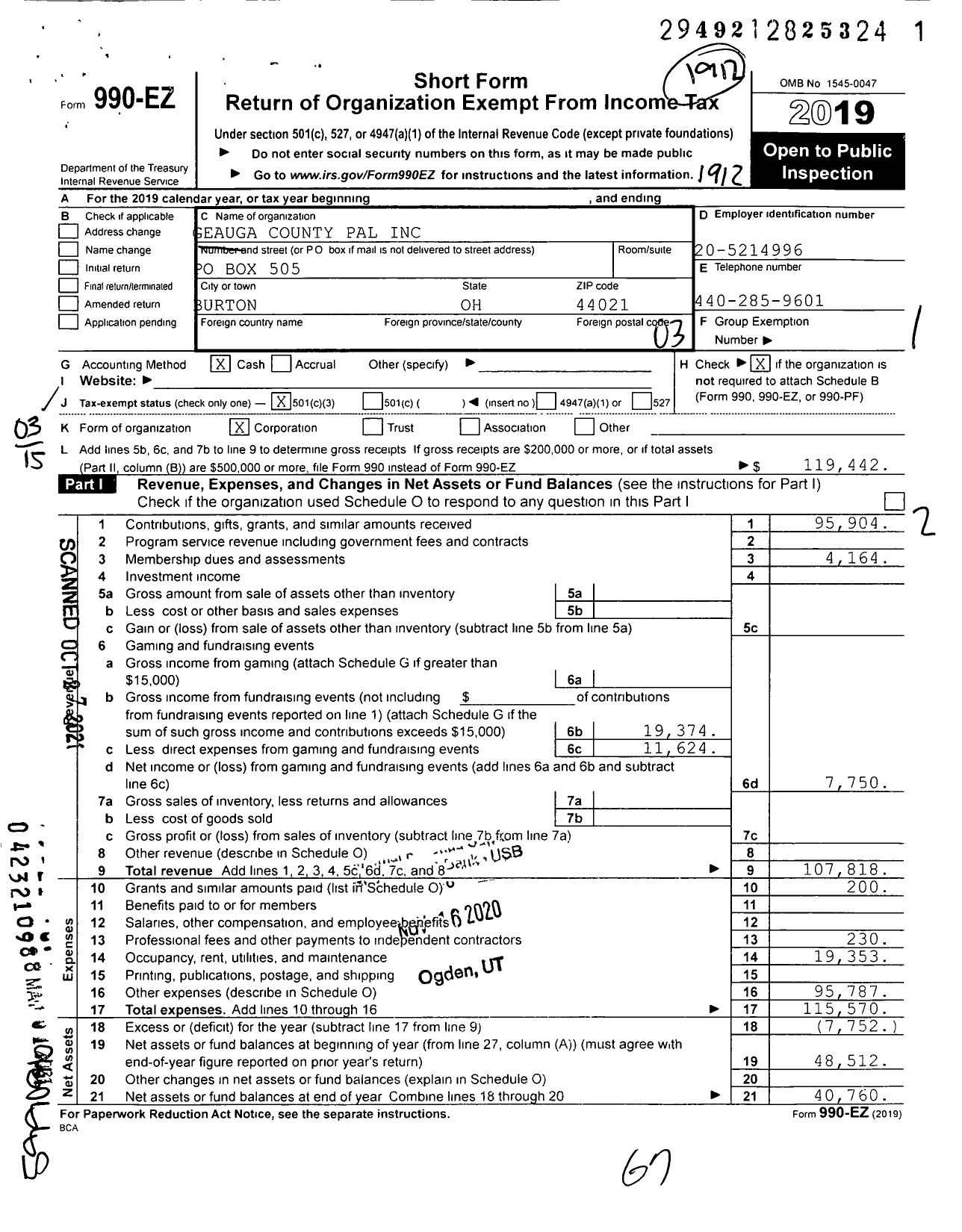 Image of first page of 2019 Form 990EZ for Geauga County Pal