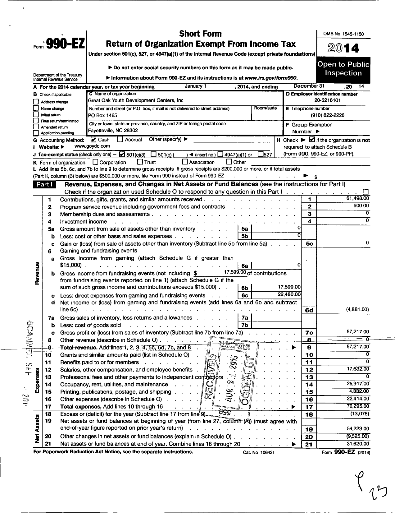 Image of first page of 2014 Form 990EZ for Great Oak Youth Development Center