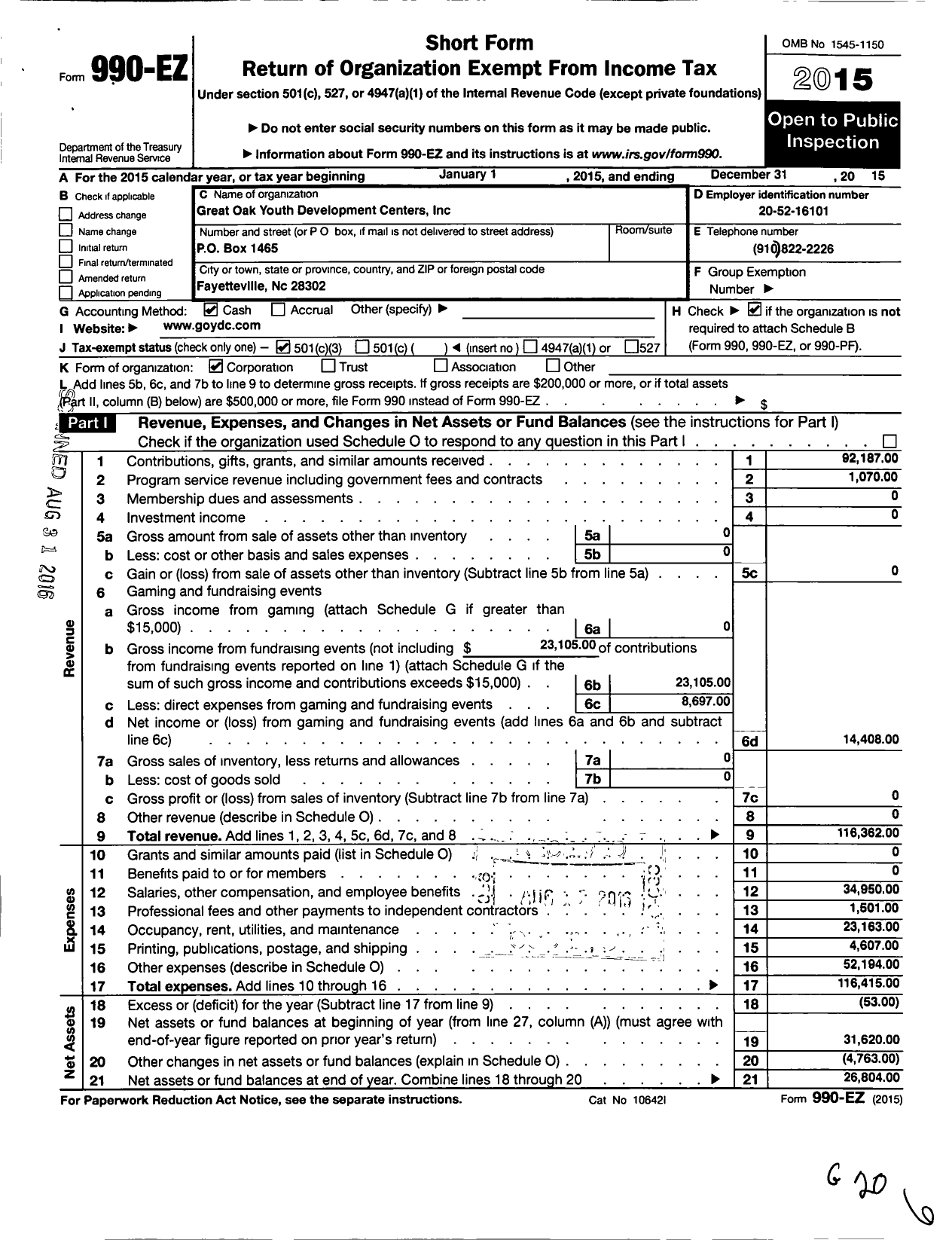 Image of first page of 2015 Form 990EZ for Great Oak Youth Development Center