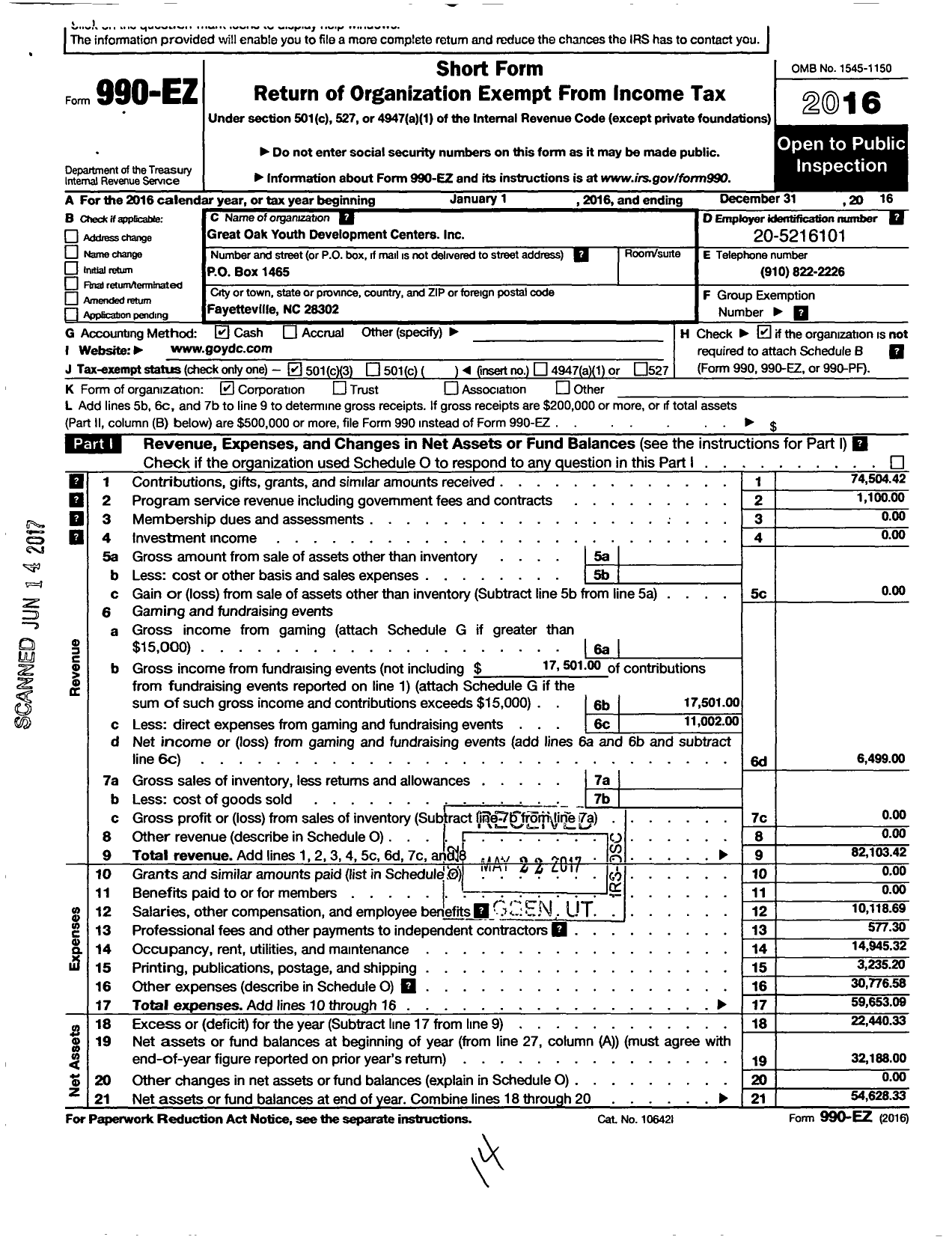 Image of first page of 2016 Form 990EZ for Great Oak Youth Development Center