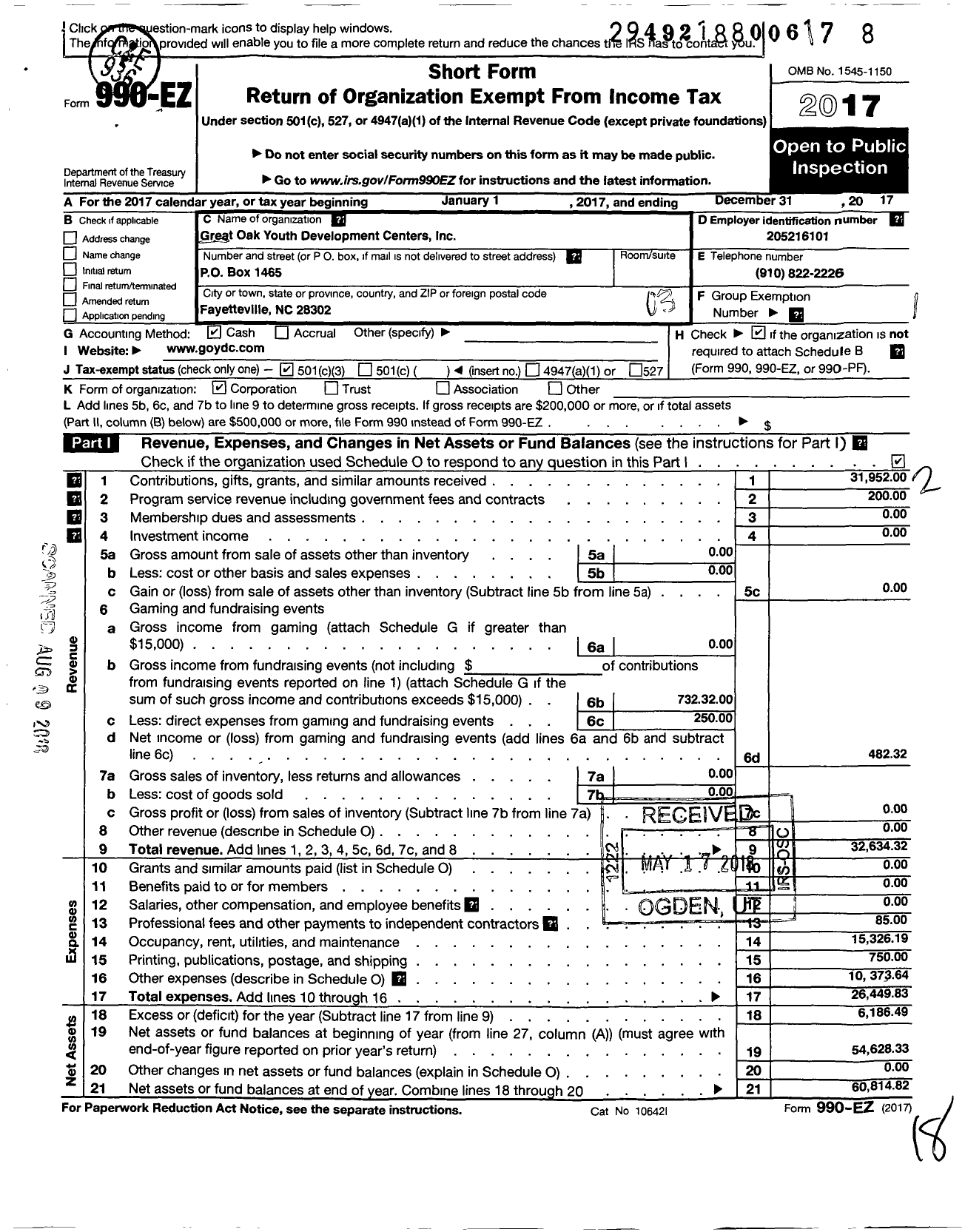 Image of first page of 2017 Form 990EZ for Great Oak Youth Development Center