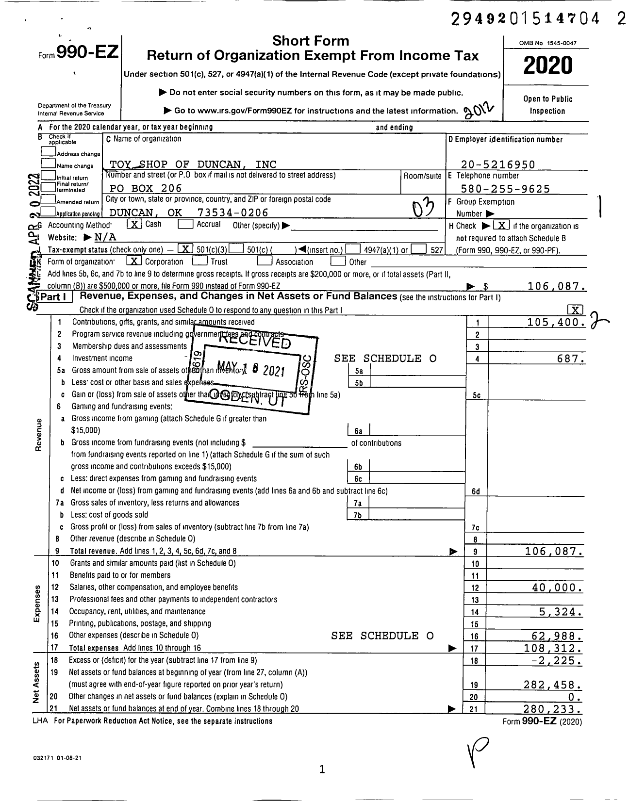 Image of first page of 2020 Form 990EZ for Toy Shop of Duncan