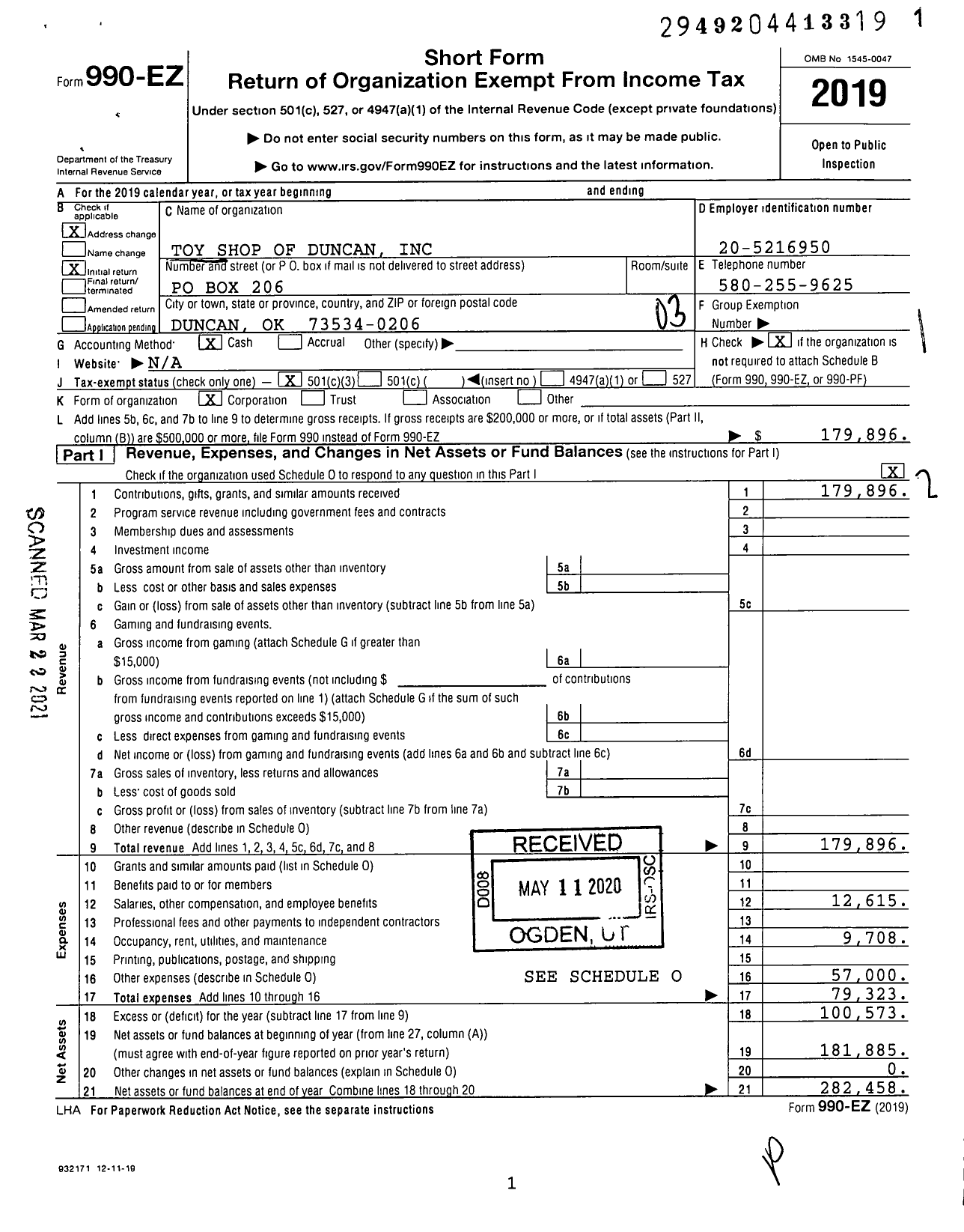 Image of first page of 2019 Form 990EZ for Toy Shop of Duncan