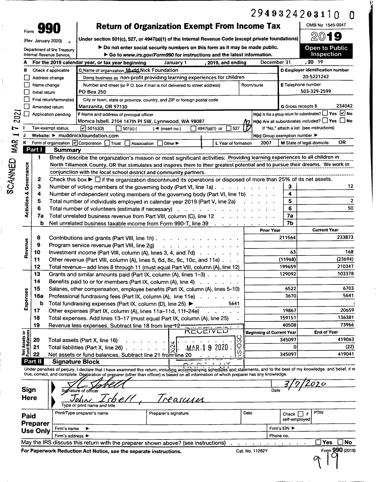 Image of first page of 2019 Form 990 for Mudd-Nick Foundation