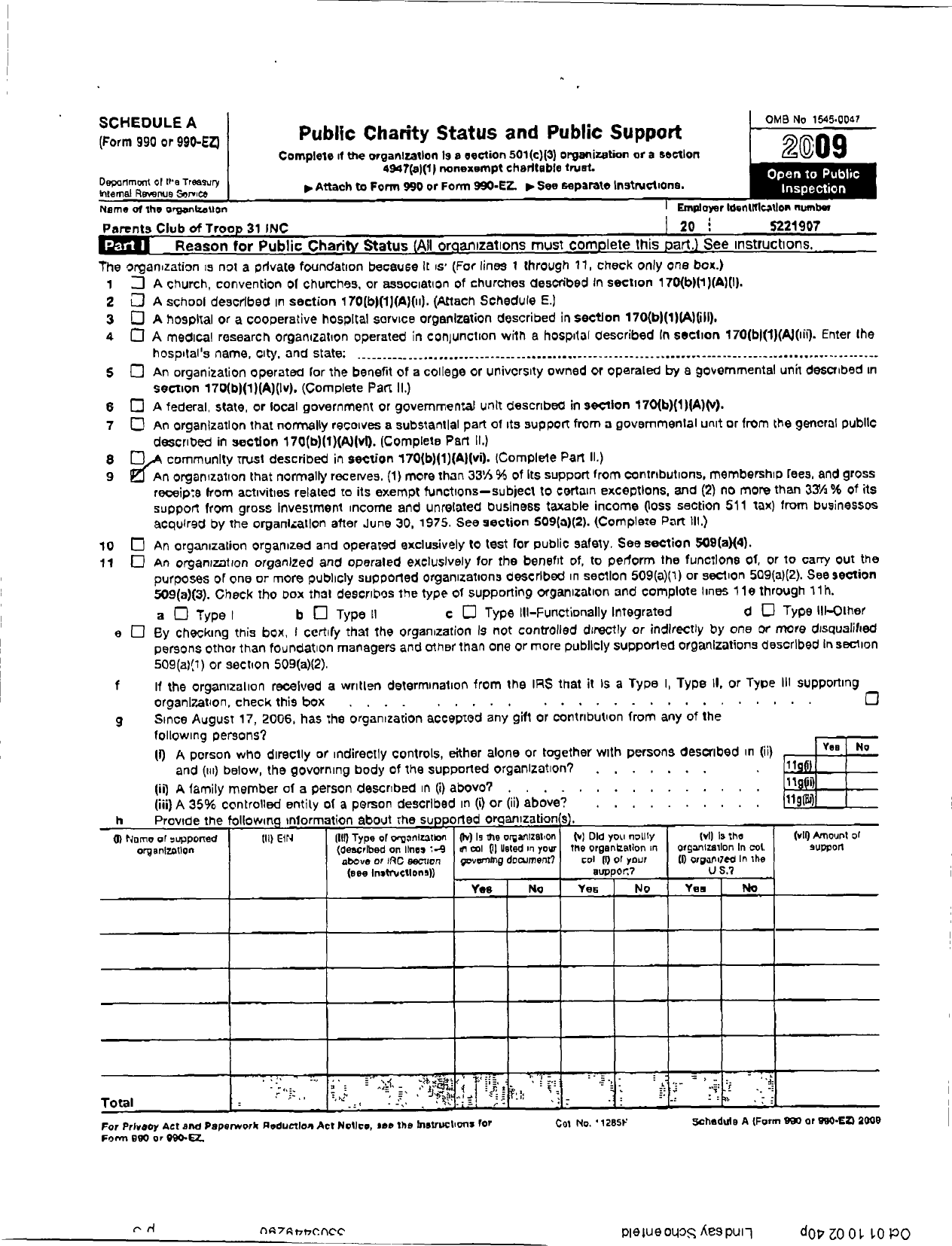 Image of first page of 2009 Form 990ER for Parents Club of Troop 31