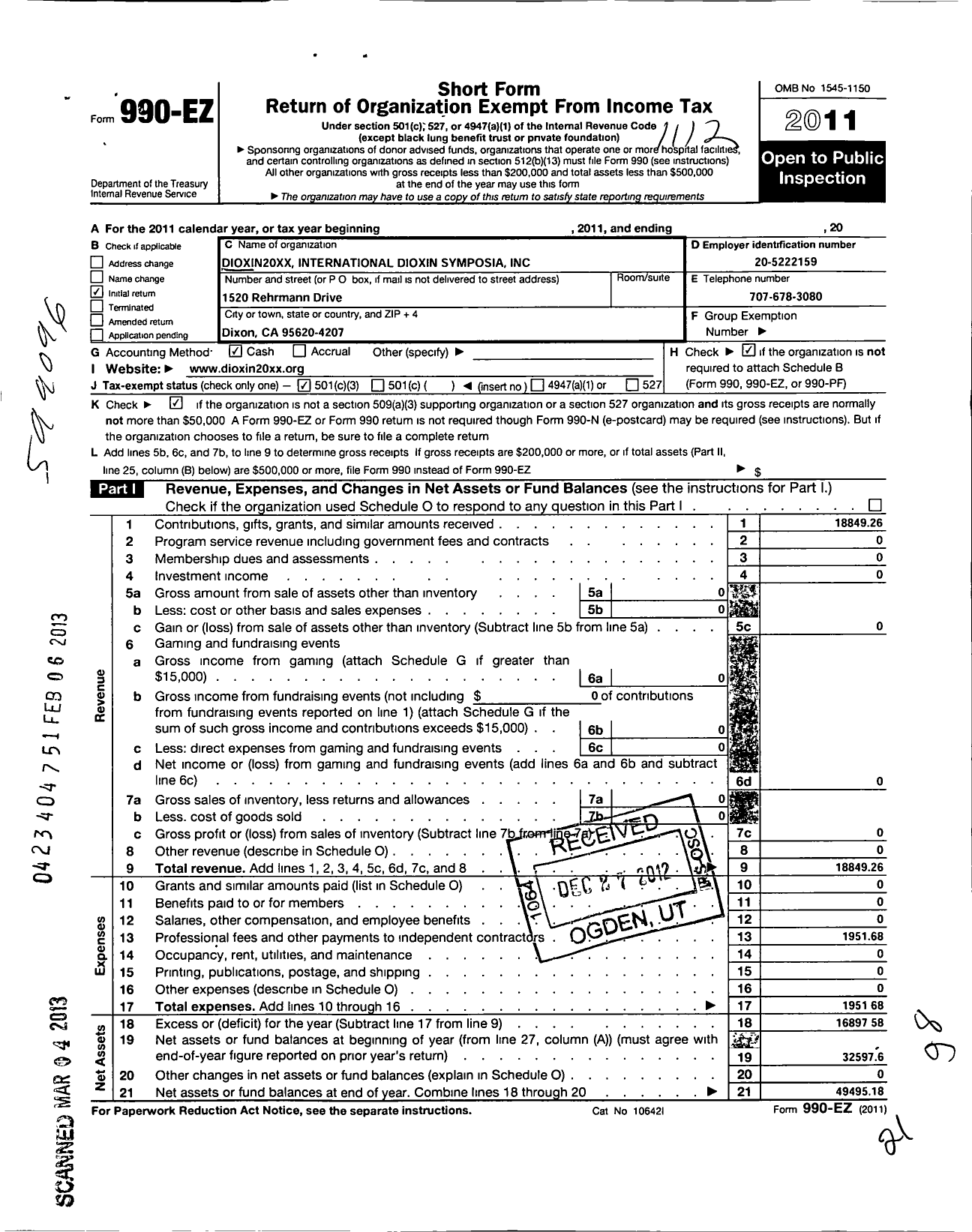 Image of first page of 2011 Form 990EZ for Dioxin20xx International Dioxin Symposia