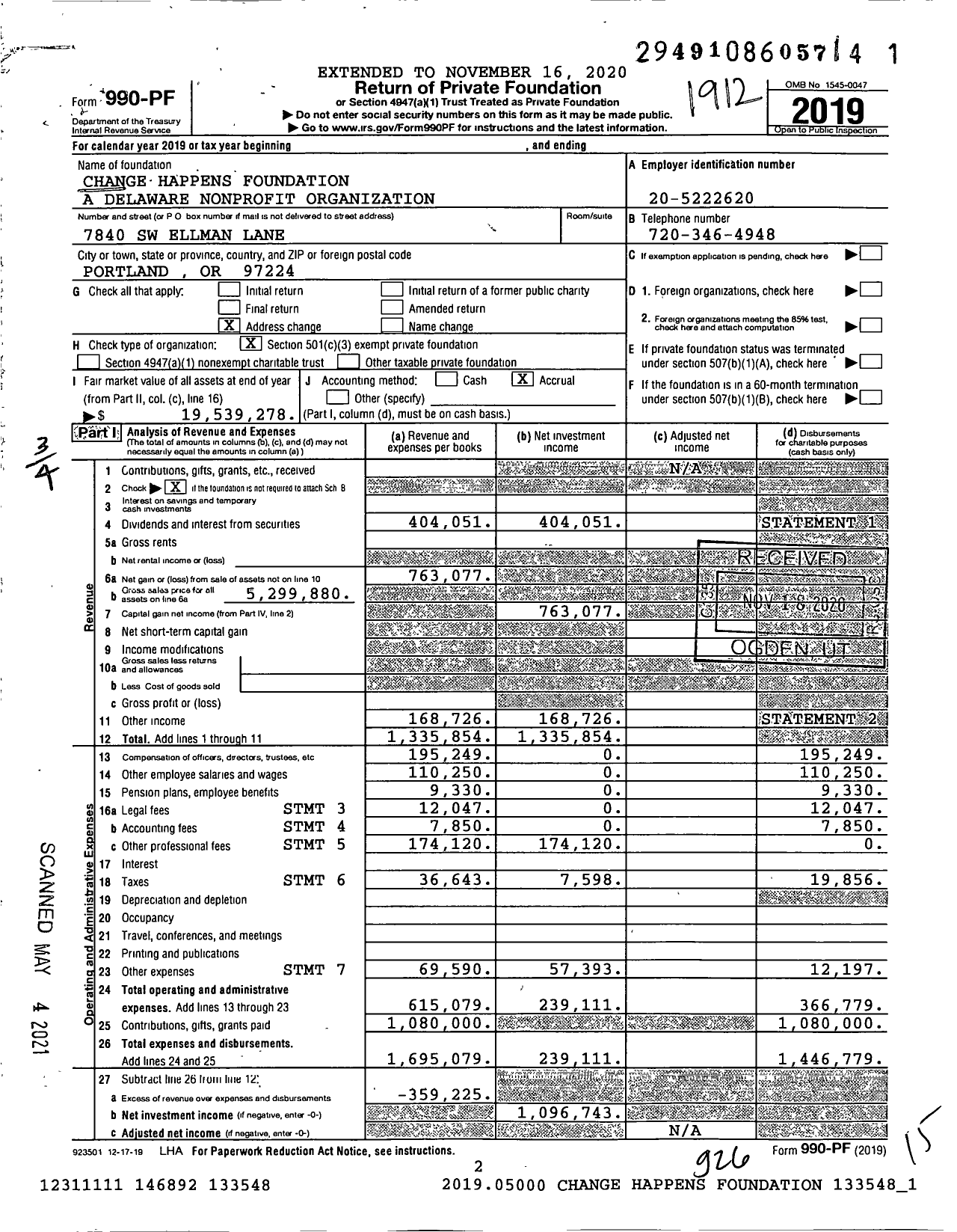 Image of first page of 2019 Form 990PF for Change Happens Foundation A Delaware Nonprofit Organization