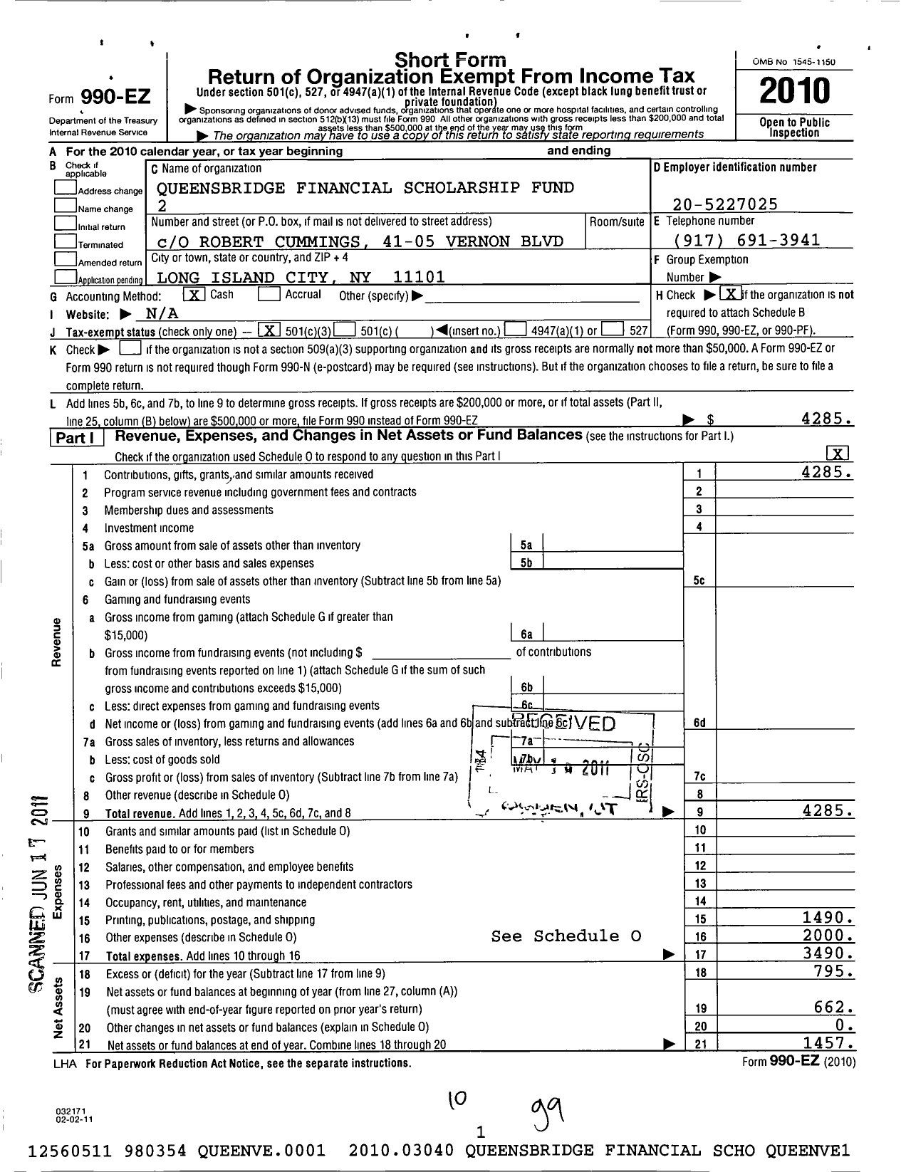 Image of first page of 2010 Form 990EZ for Queensbridge Financial Scholarship Fund 2