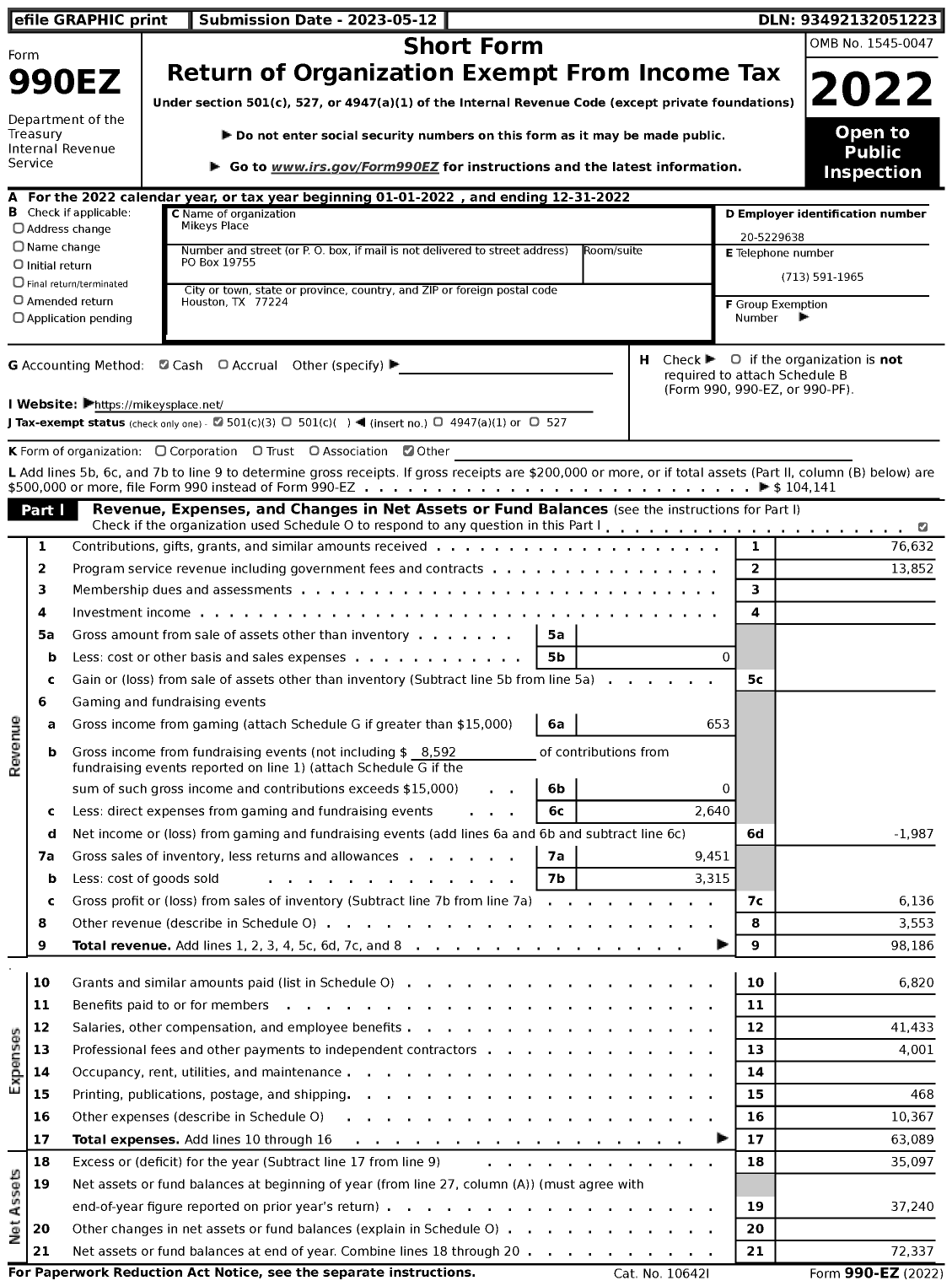 Image of first page of 2022 Form 990EZ for Mikeys Place