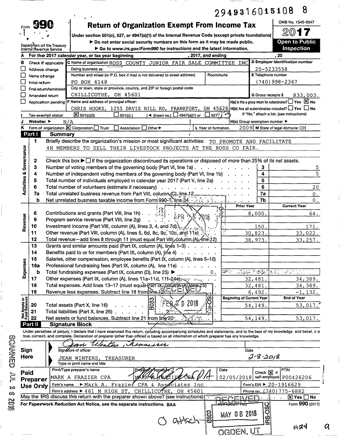 Image of first page of 2017 Form 990 for Ross County Junior Fair Sale Committee