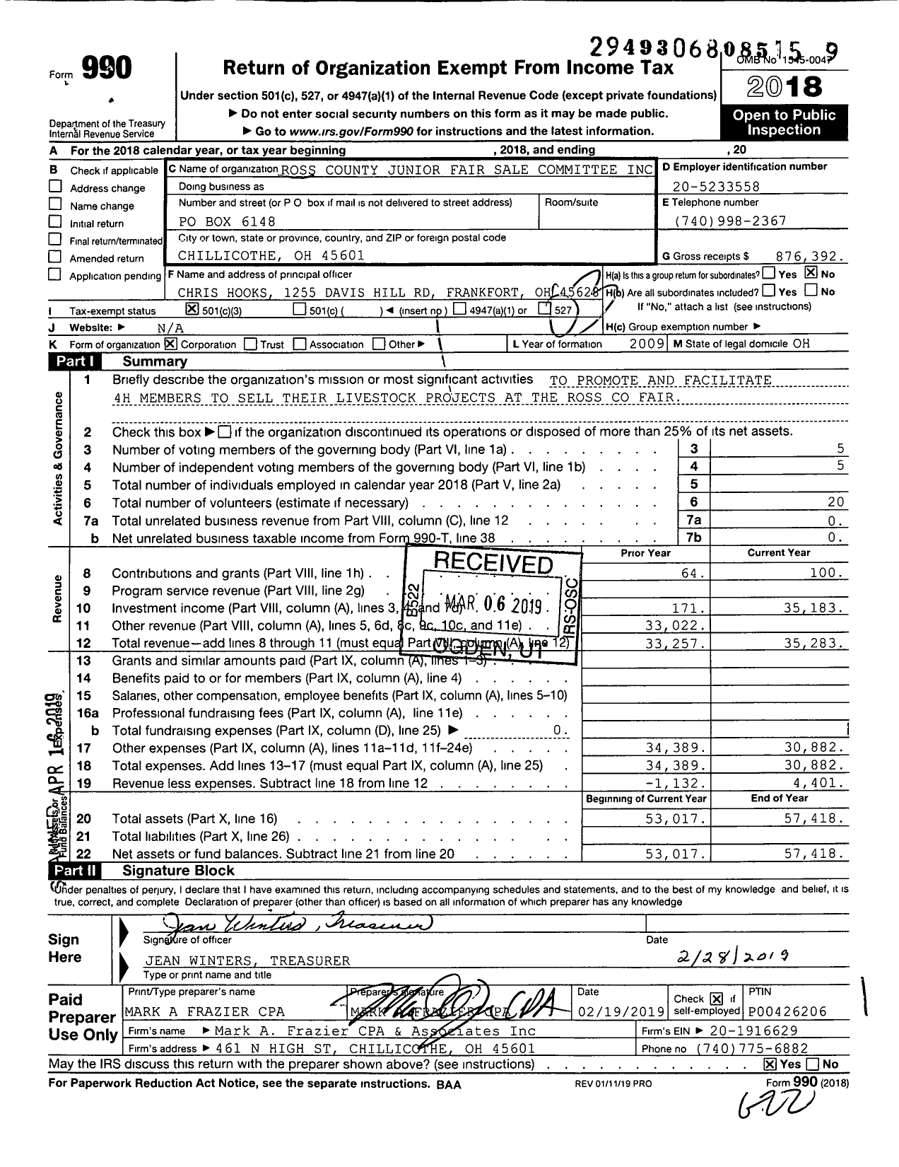 Image of first page of 2018 Form 990 for Ross County Junior Fair Sale Committee