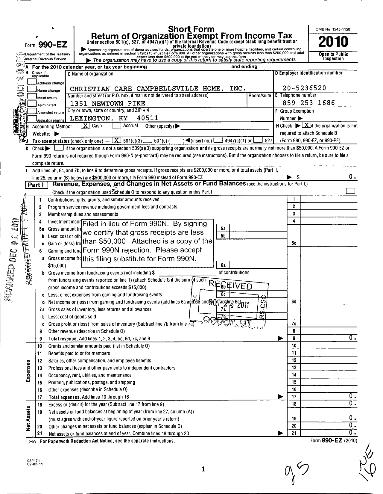 Image of first page of 2010 Form 990EZ for Christian Care Campbellsville Home