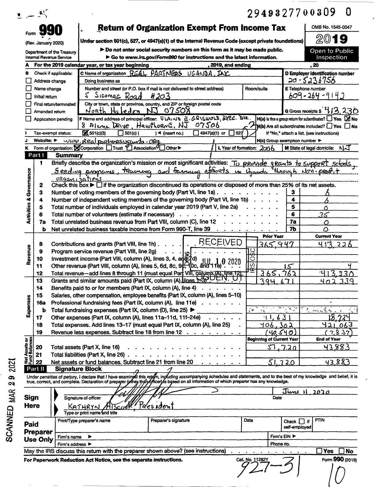 Image of first page of 2019 Form 990 for Real Partners Uganda