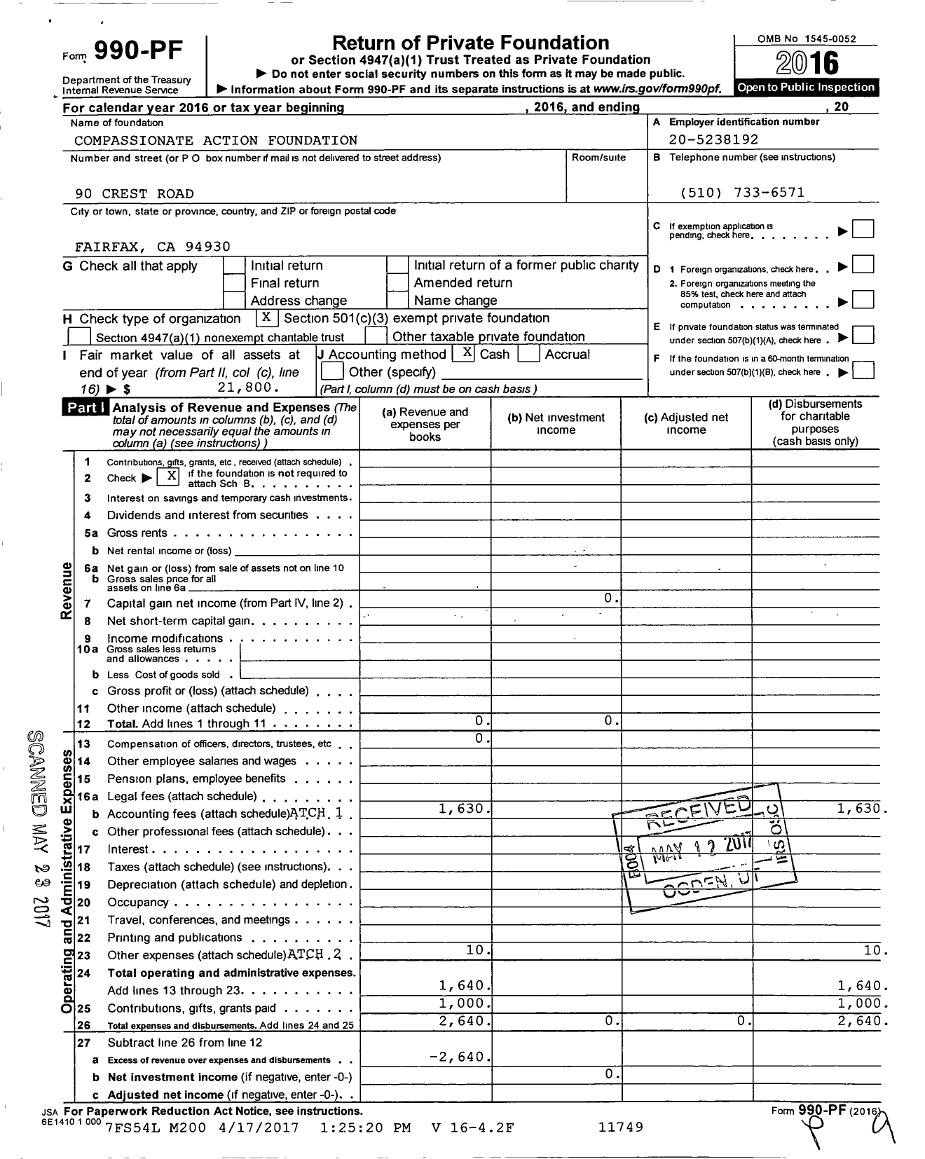 Image of first page of 2016 Form 990PF for Compassionate Action Foundation