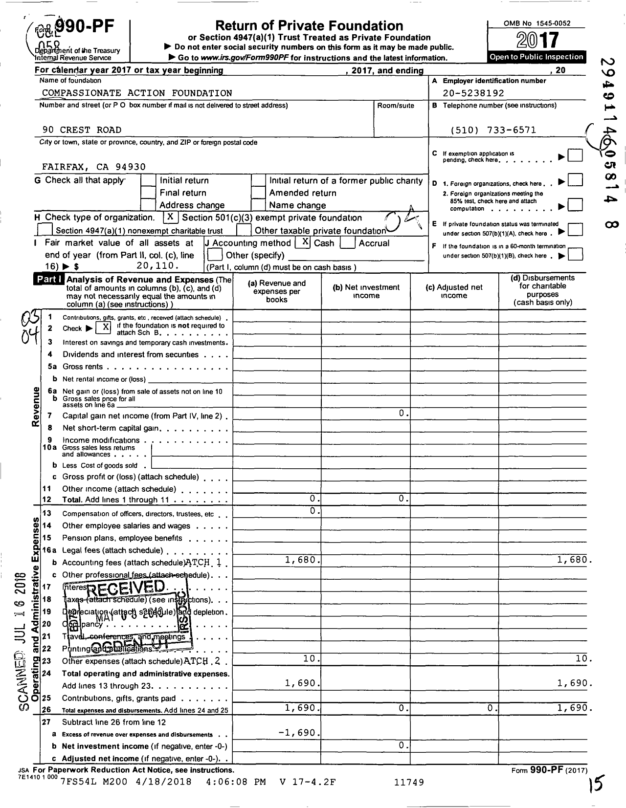 Image of first page of 2017 Form 990PF for Compassionate Action Foundation