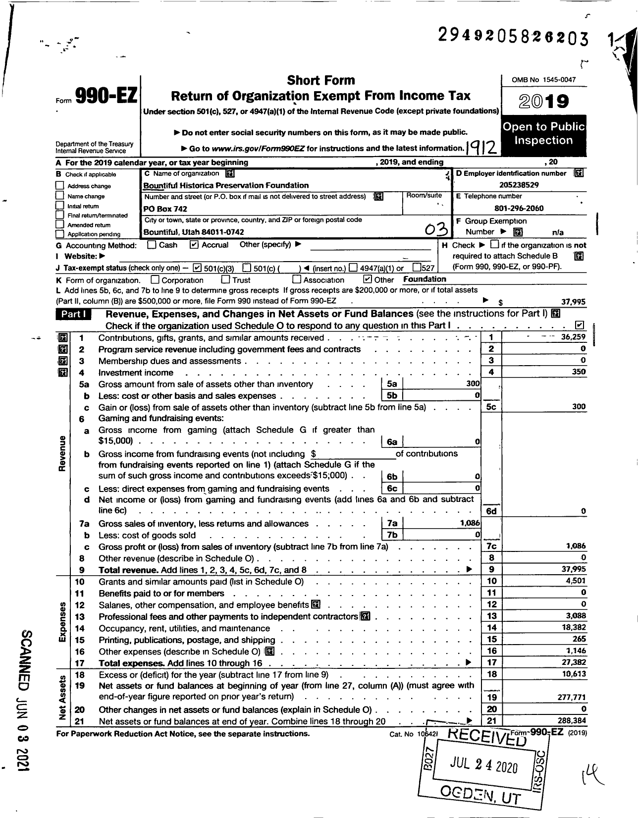 Image of first page of 2019 Form 990EZ for Bountiful Historical Preservation Foundation