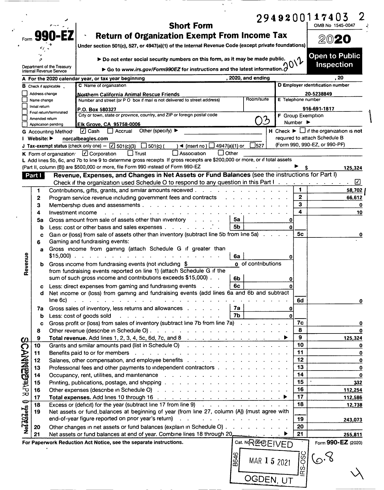 Image of first page of 2020 Form 990EZ for Northern California Animal Rescue Friends