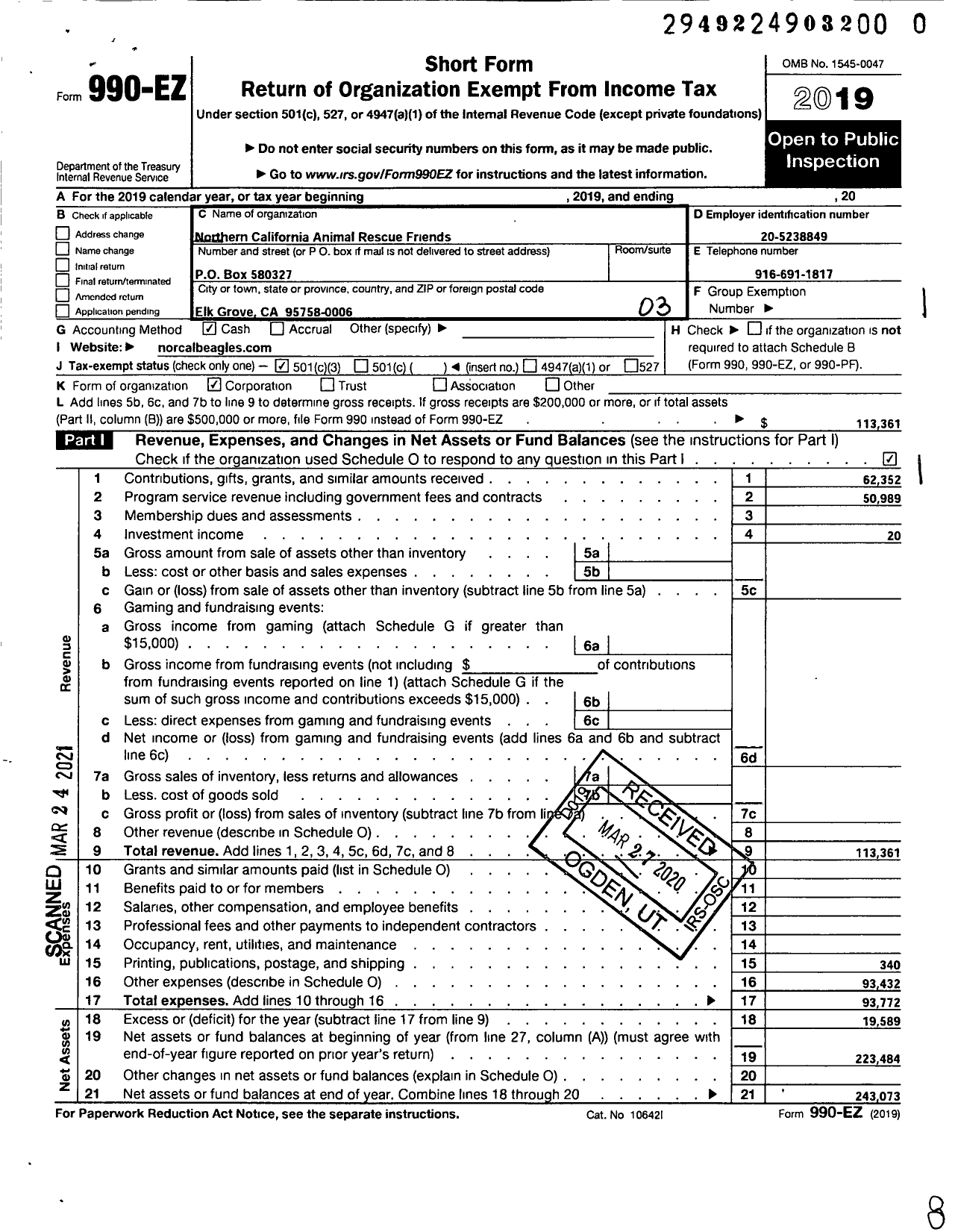 Image of first page of 2019 Form 990EZ for Northern California Animal Rescue Friends