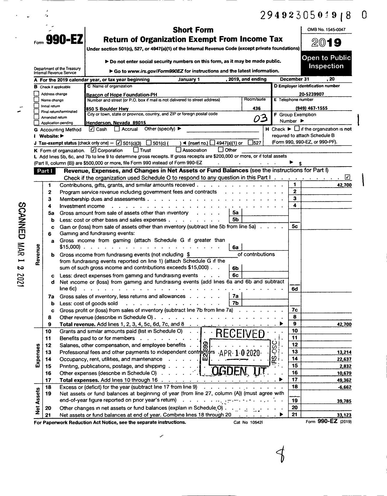 Image of first page of 2019 Form 990EZ for Beacon of Hope Foundation-Ph