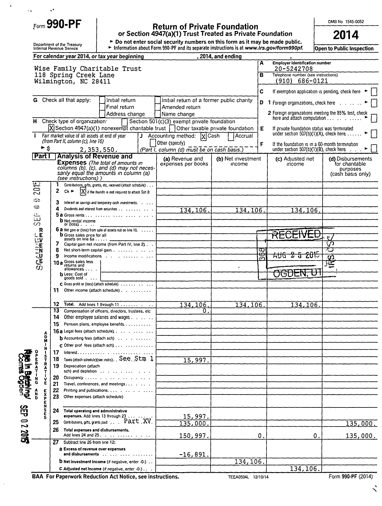 Image of first page of 2014 Form 990PF for Wise Family Charitable Trust