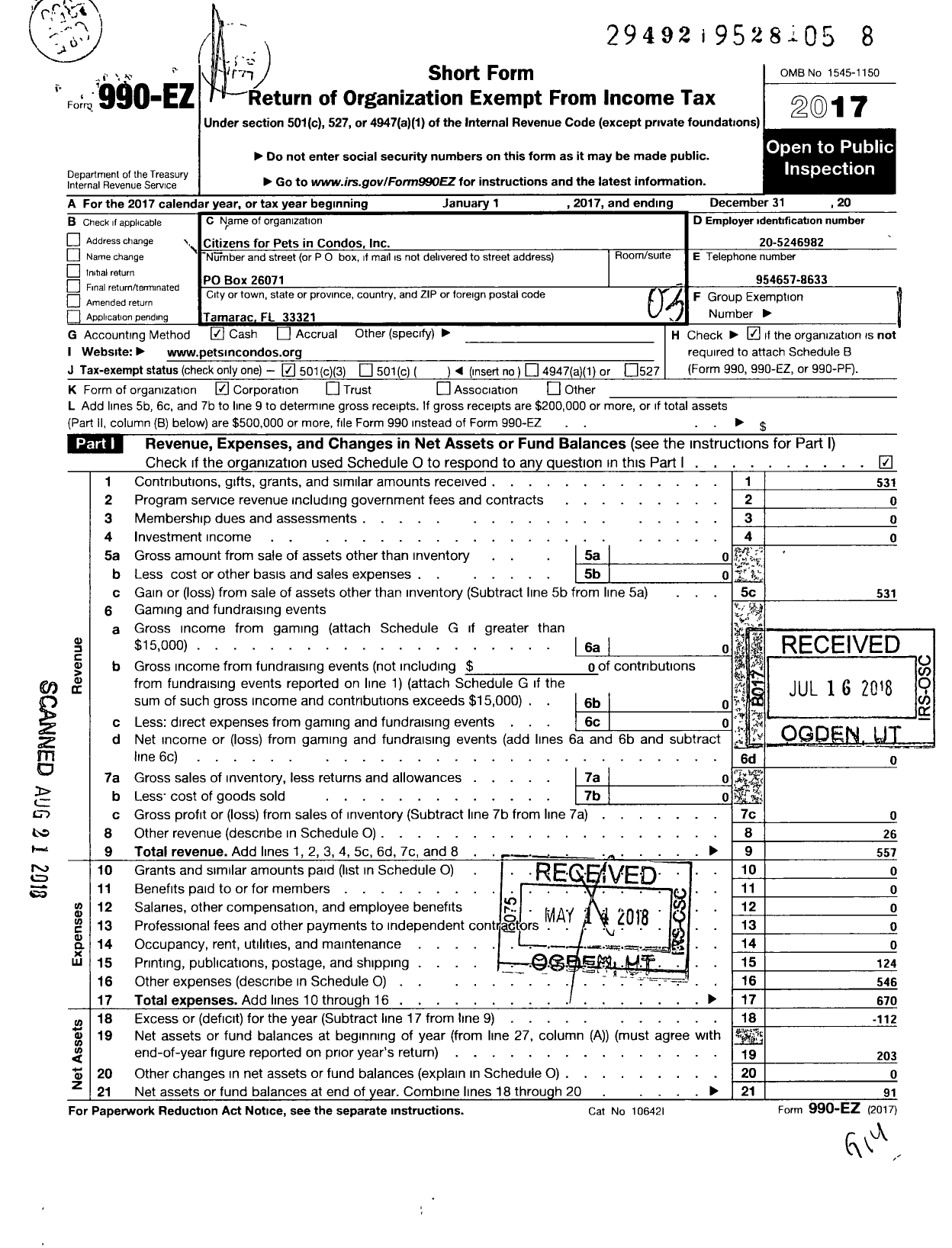 Image of first page of 2017 Form 990EZ for Citizens for Pets in Condos