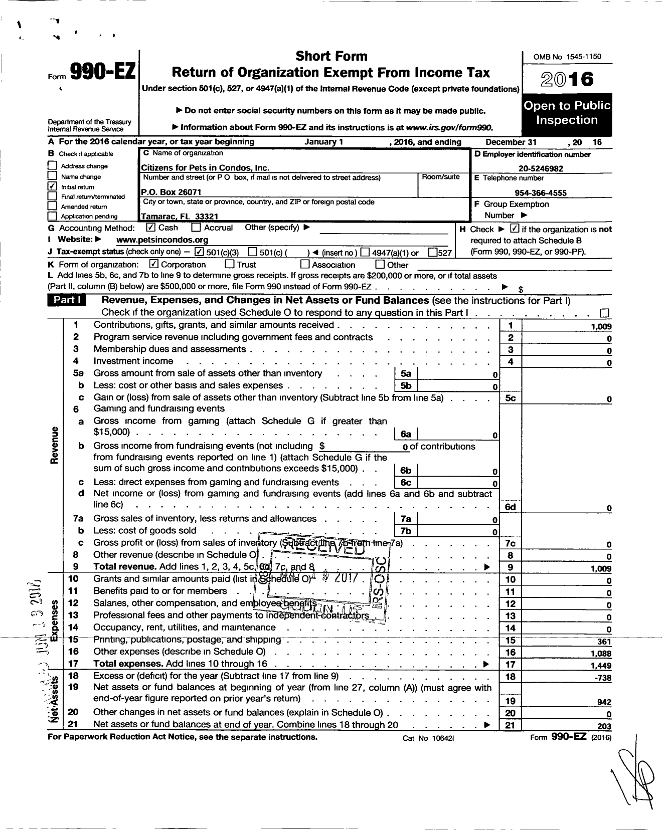 Image of first page of 2016 Form 990EZ for Citizens for Pets in Condos