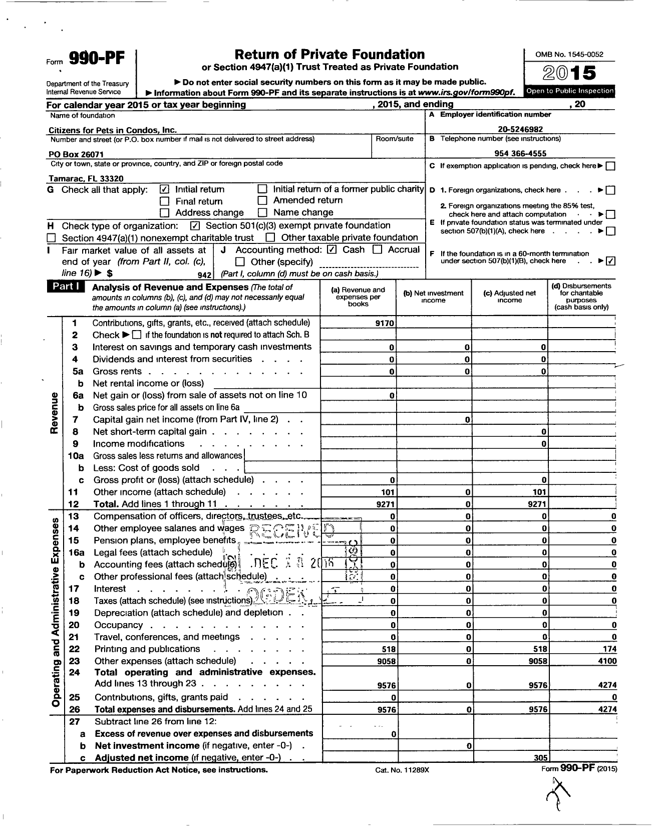 Image of first page of 2015 Form 990PF for Citizens for Pets in Condos