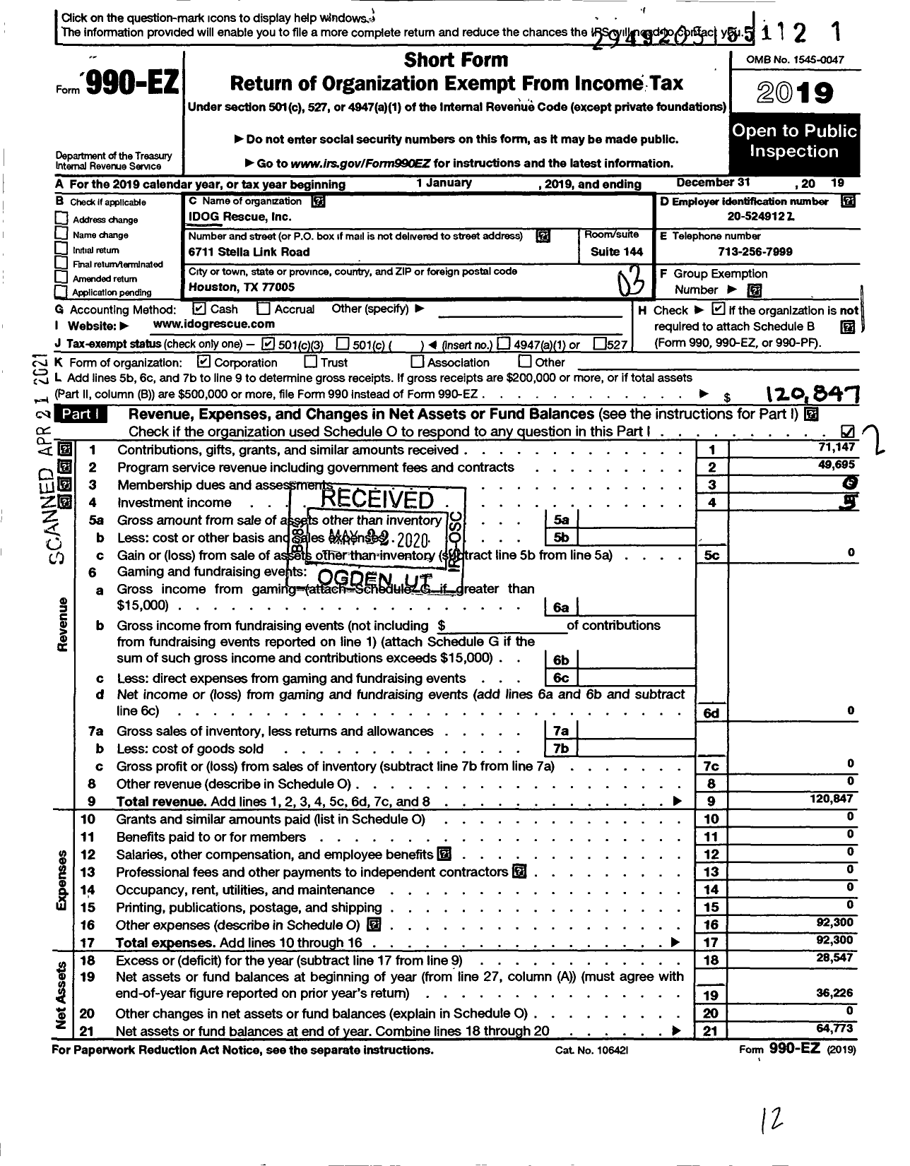 Image of first page of 2019 Form 990EZ for Idog Rescue