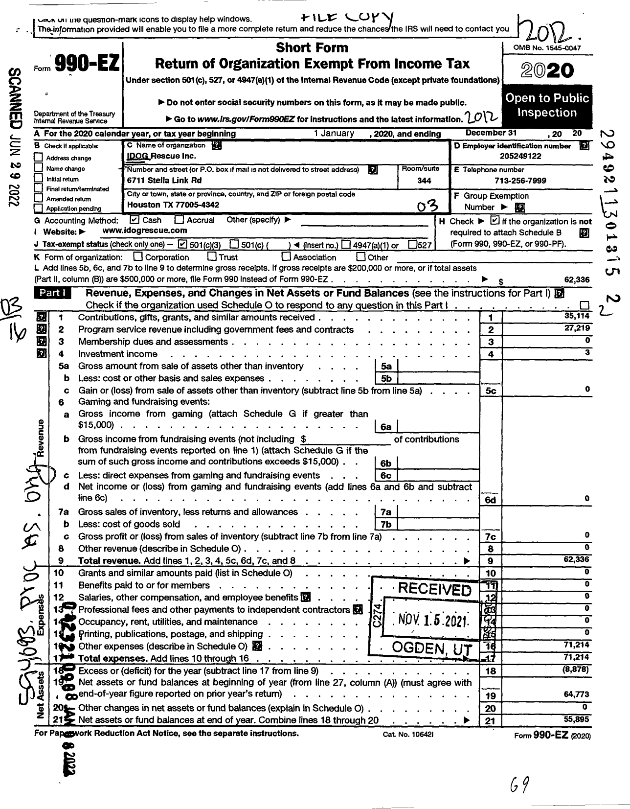 Image of first page of 2020 Form 990EZ for Idog Rescue