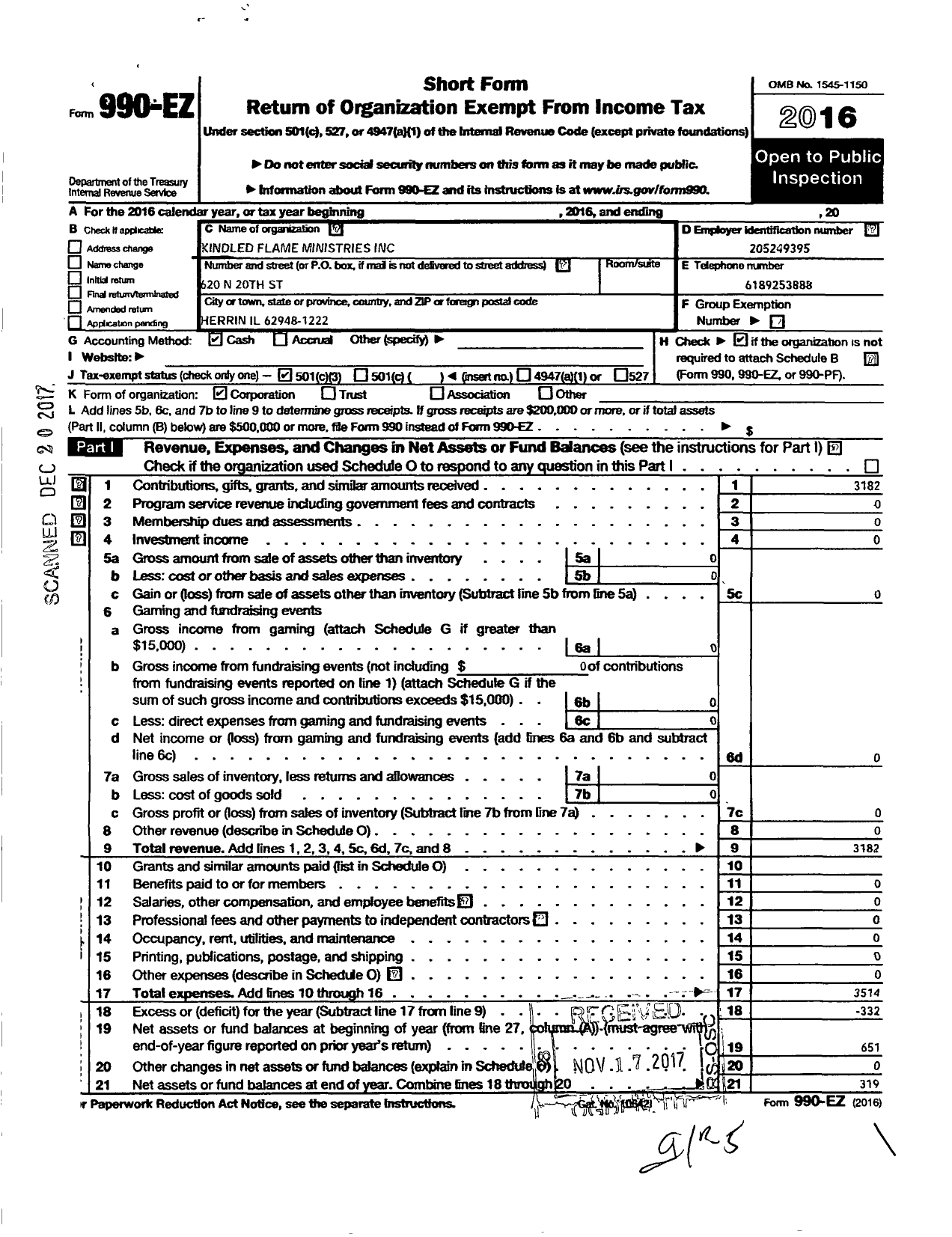 Image of first page of 2016 Form 990EZ for Kindled Flame Ministries