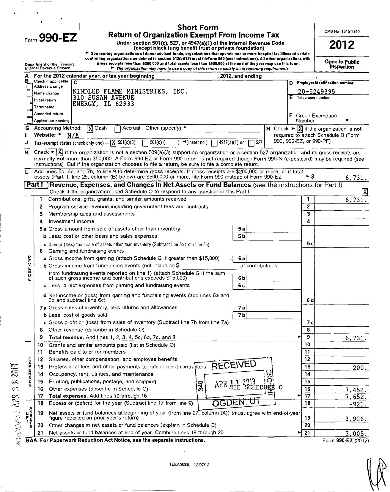 Image of first page of 2012 Form 990EZ for Kindled Flame Ministries