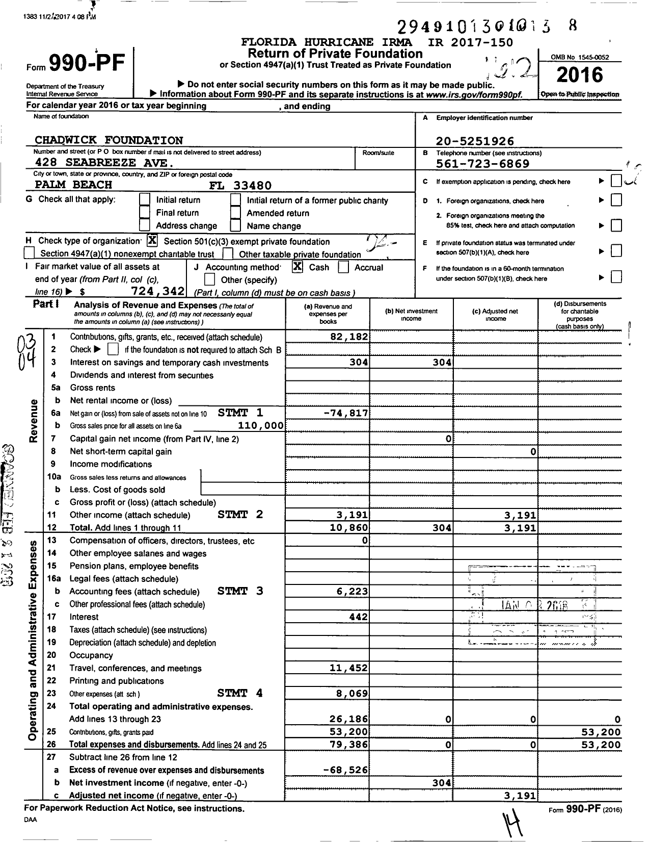 Image of first page of 2016 Form 990PF for Chadwick Foundation