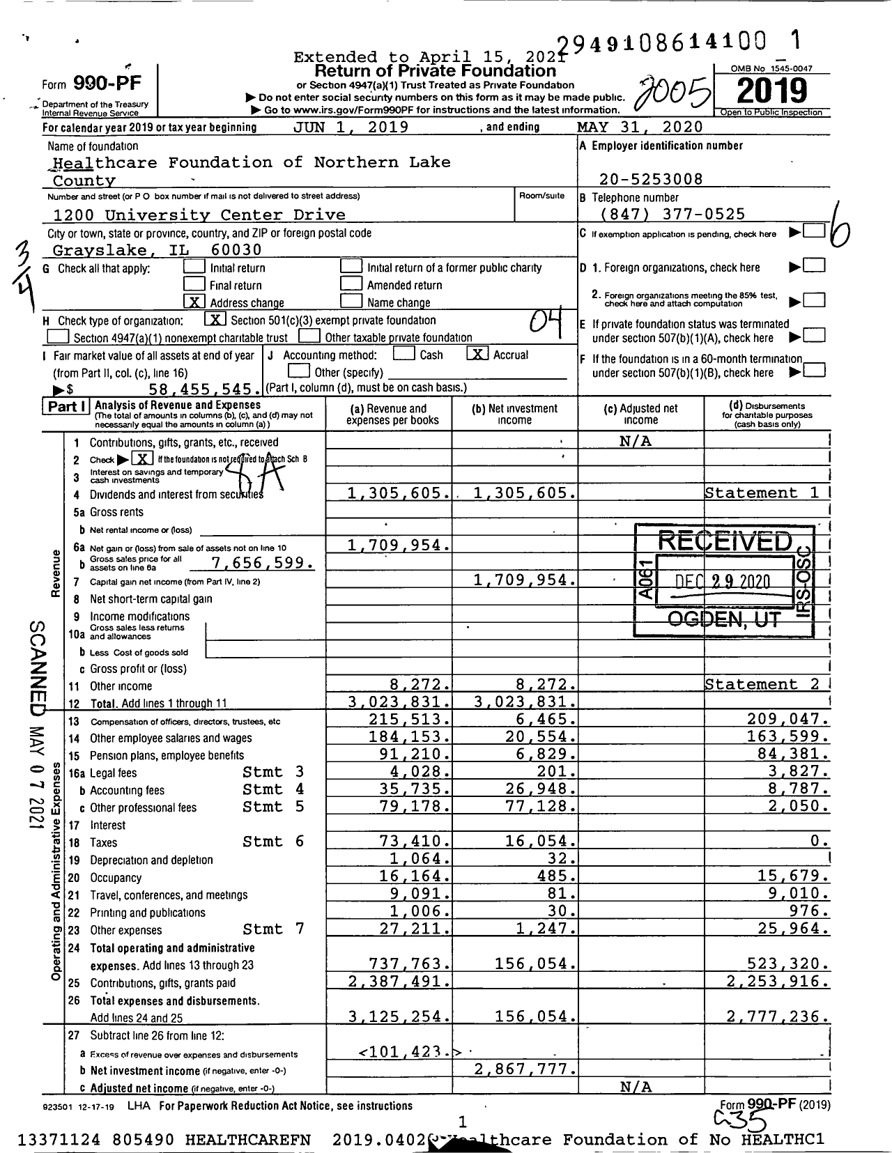 Image of first page of 2019 Form 990PF for Healthcare Foundation of Northern Lake County