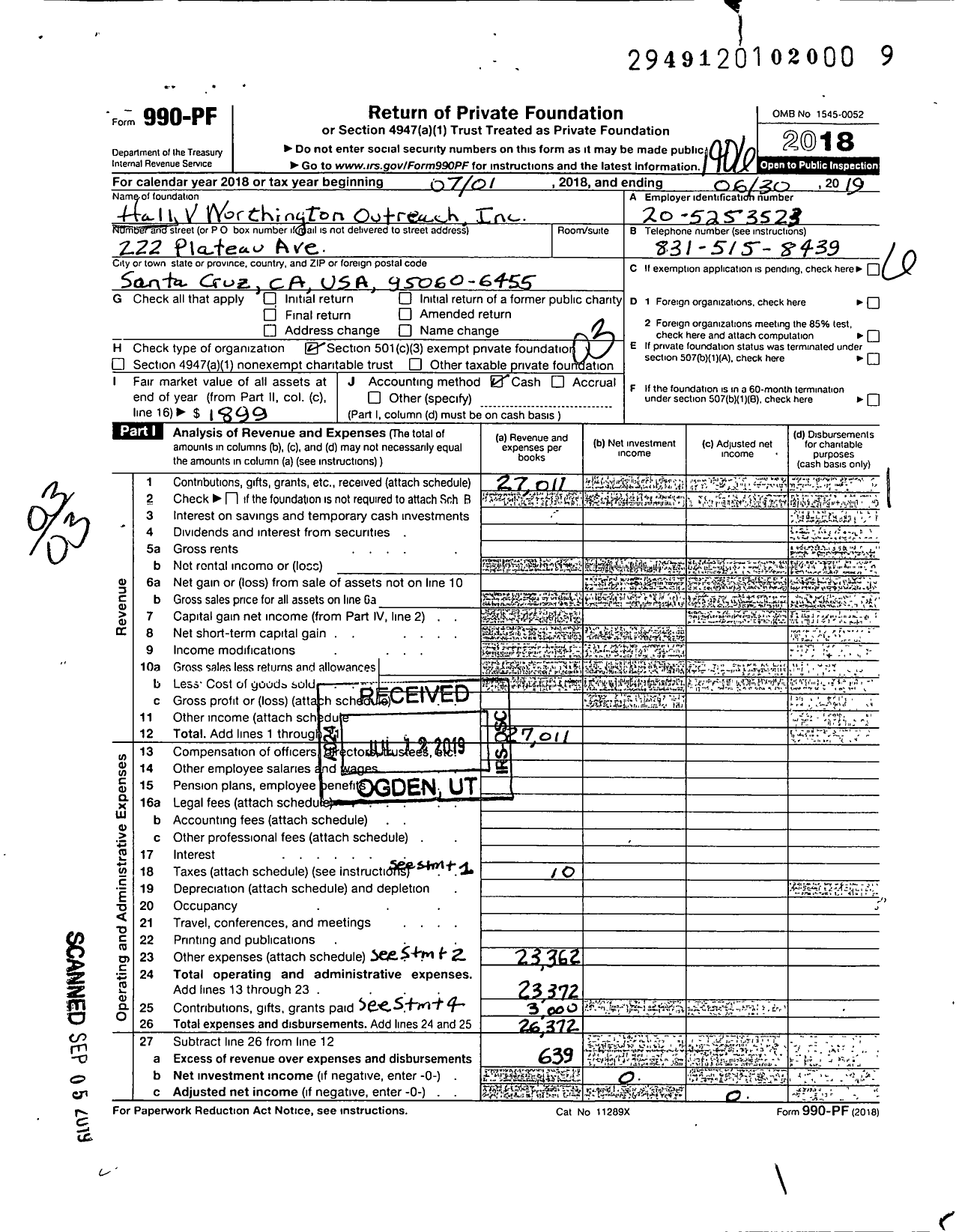 Image of first page of 2018 Form 990PF for Hall V Worthington Outreach