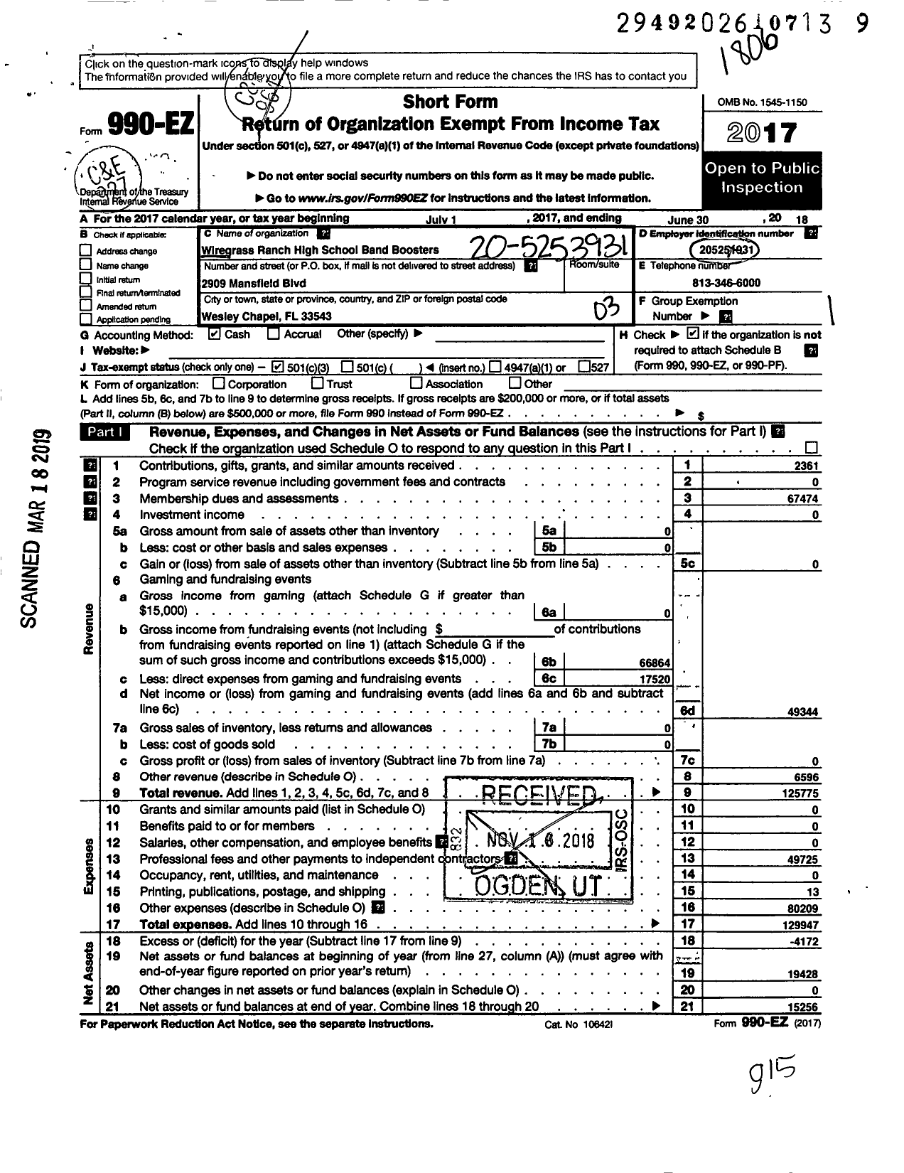 Image of first page of 2017 Form 990EZ for Wiregrass Ranch High School Band Boosters