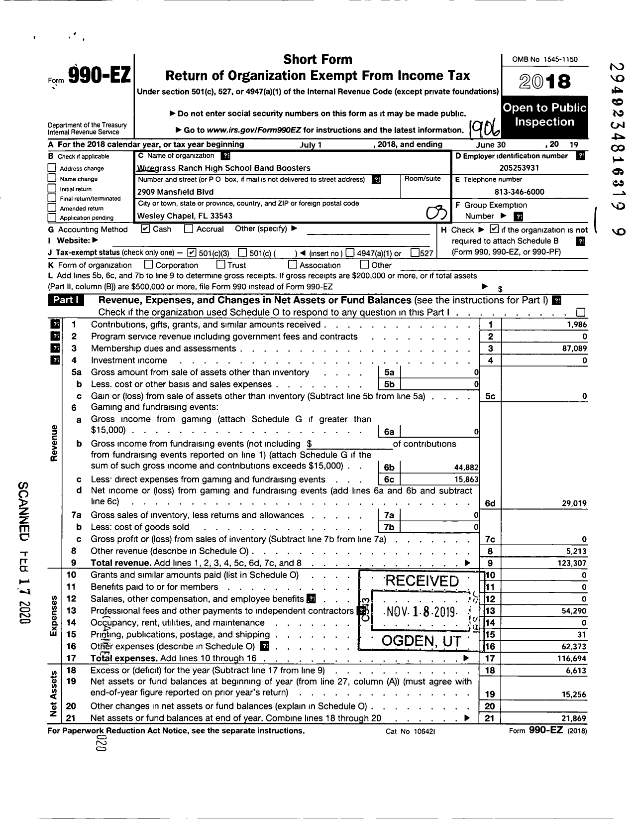 Image of first page of 2018 Form 990EZ for Wiregrass Ranch High School Band Boosters