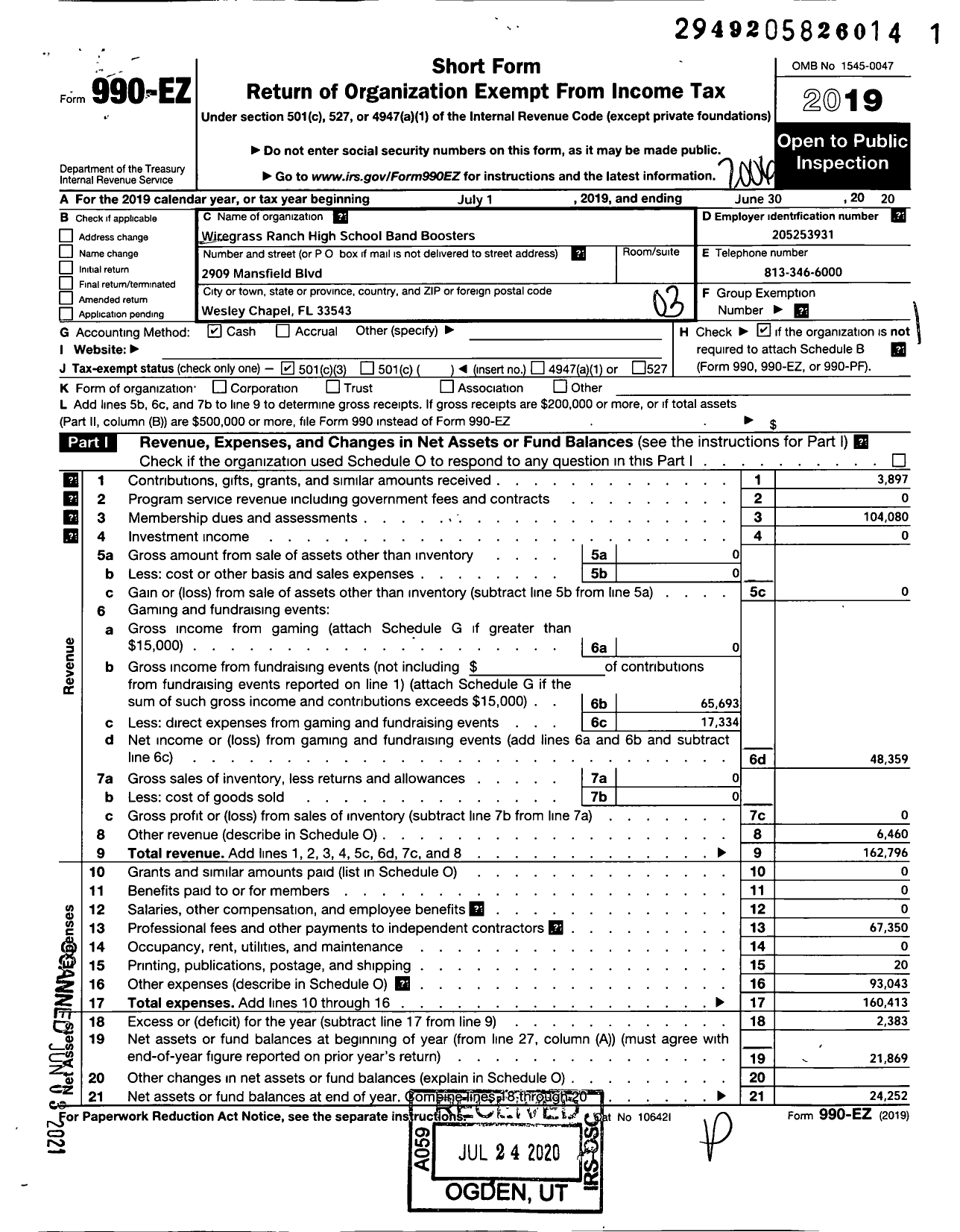 Image of first page of 2019 Form 990EZ for Wiregrass Ranch High School Band Boosters