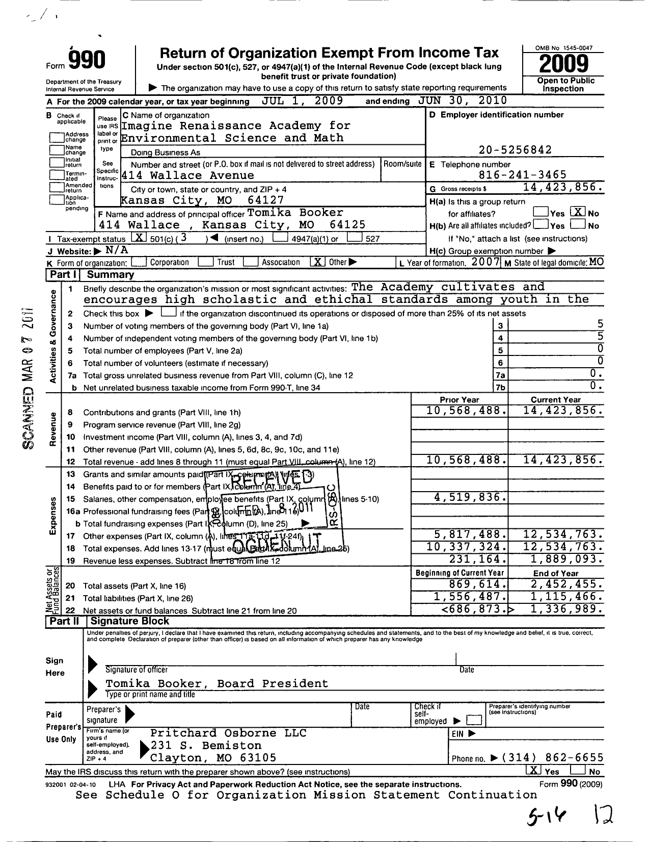 Image of first page of 2009 Form 990 for Renaissance Academy for Math and Science of Missouri