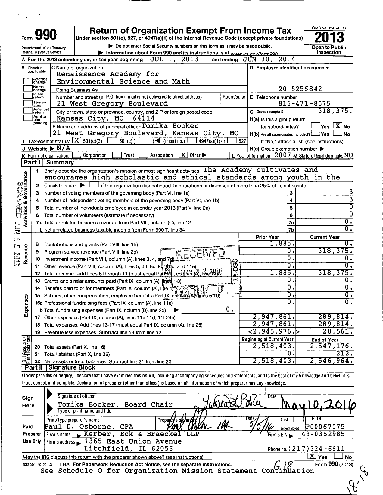 Image of first page of 2013 Form 990 for Renaissance Academy for Math and Science of Missouri