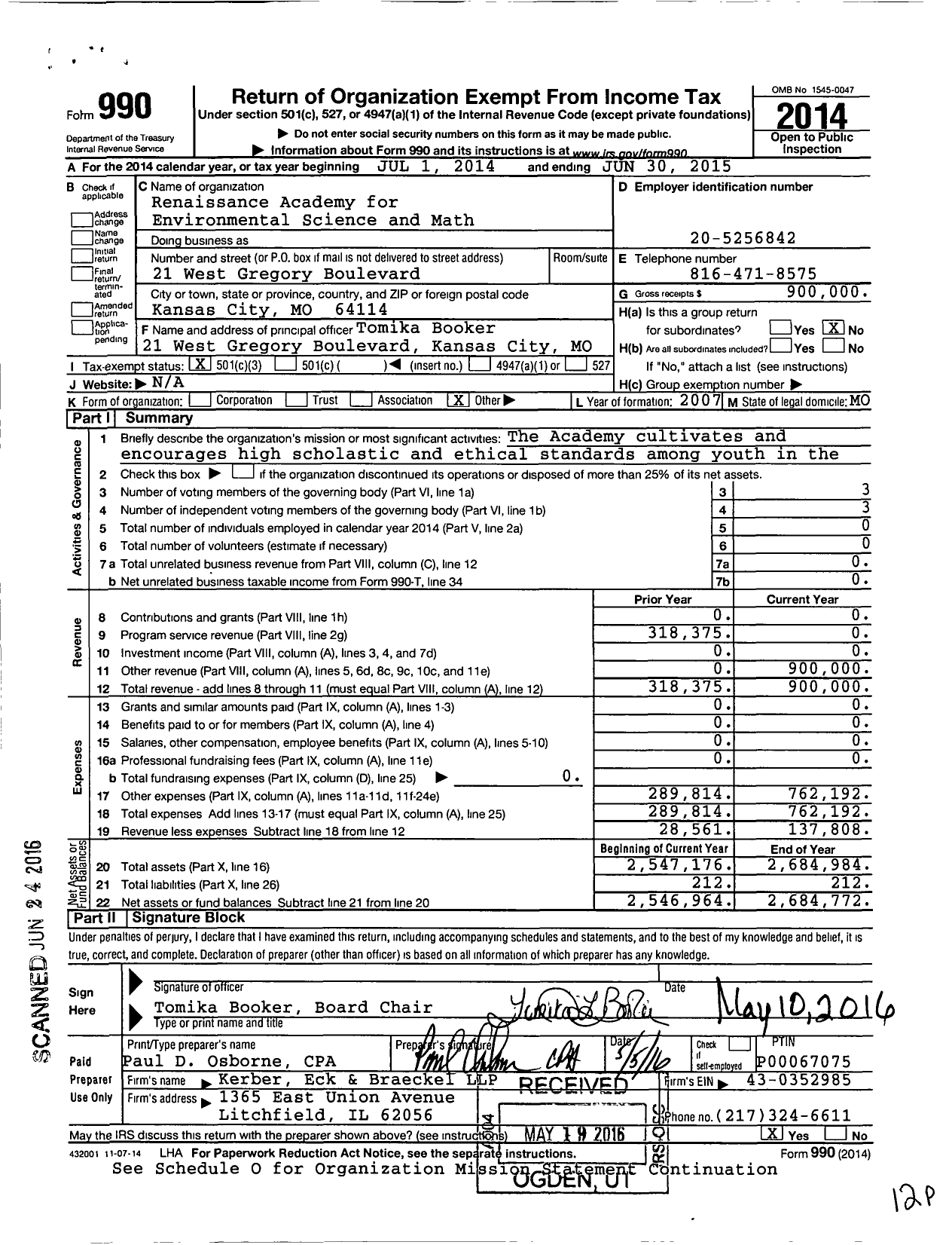 Image of first page of 2014 Form 990 for Renaissance Academy for Math and Science of Missouri