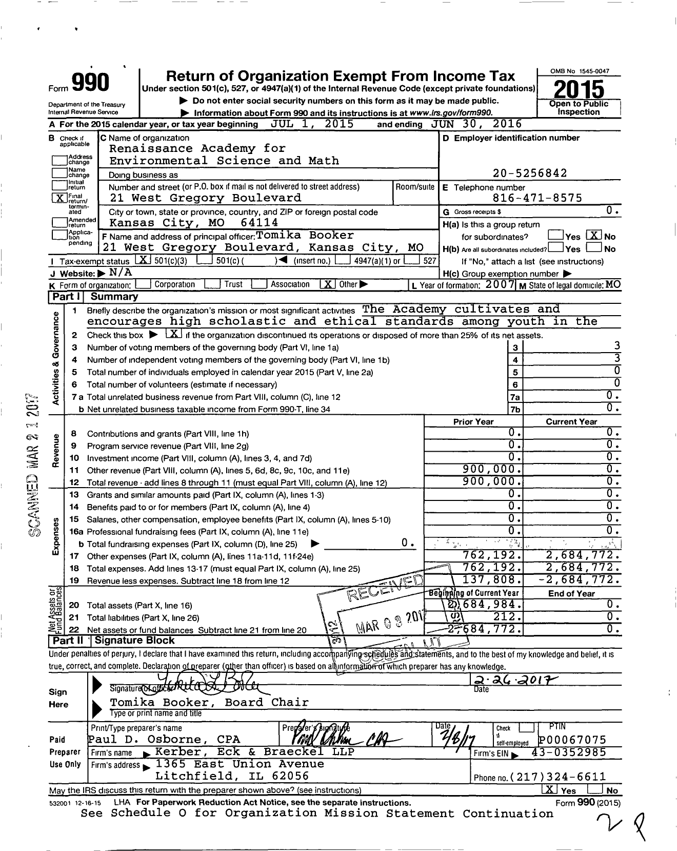 Image of first page of 2015 Form 990 for Renaissance Academy for Math and Science of Missouri