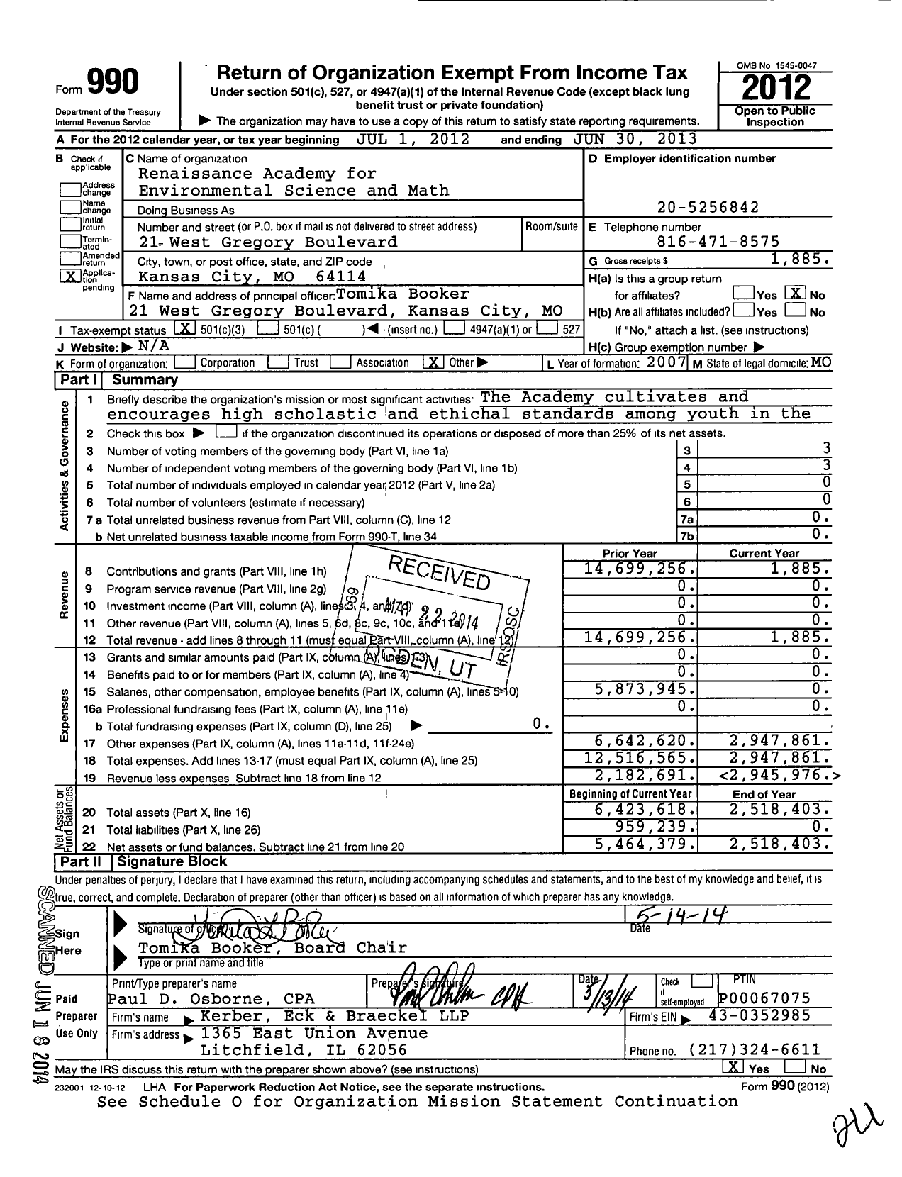 Image of first page of 2012 Form 990 for Renaissance Academy for Math and Science of Missouri